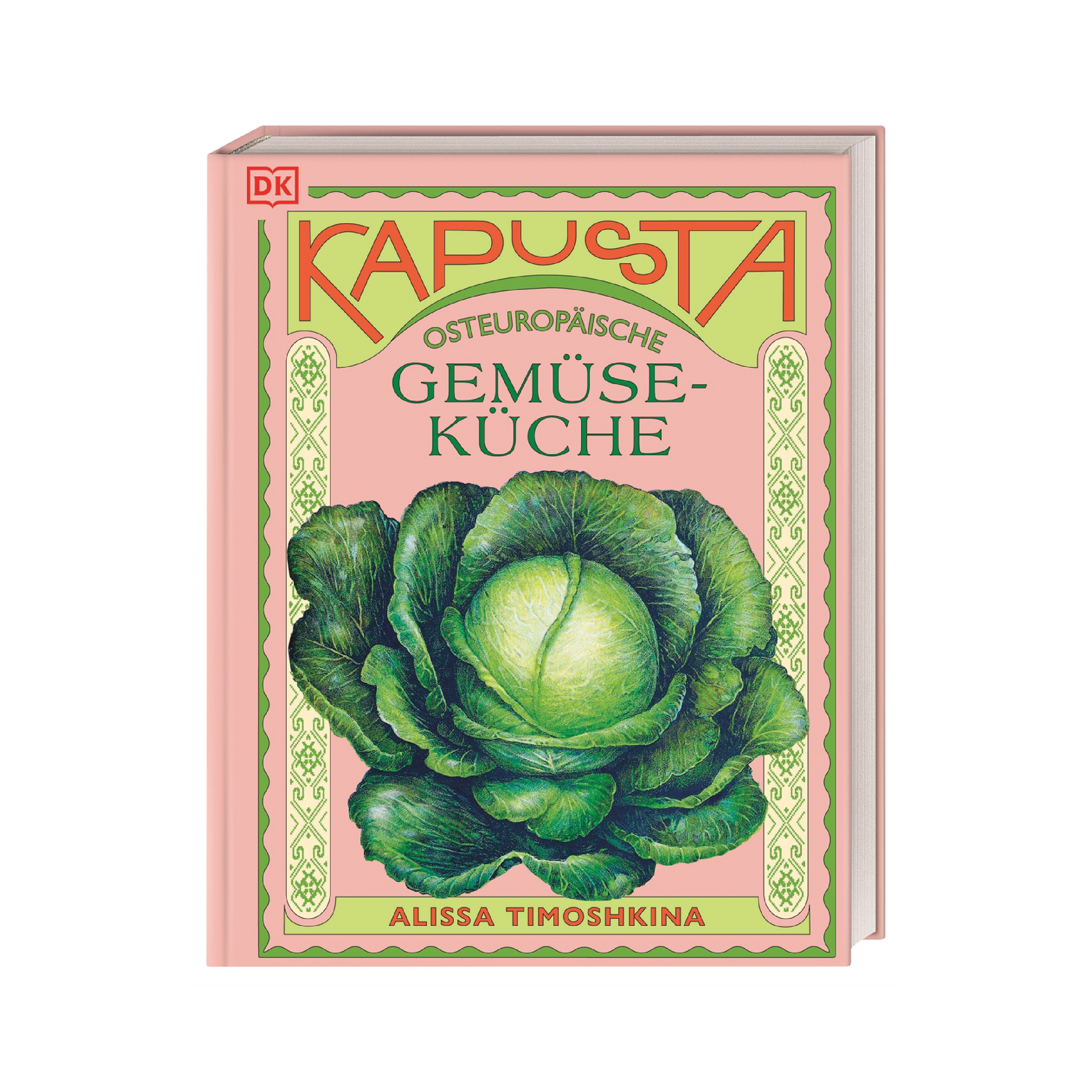 Buchcover „Kapusta – Osteuropäische Gemüseküche“ von Alissa Timoshkina. Illustration eines grünen Weißkohls auf rosa Hintergrund mit grünem Rahmen.
