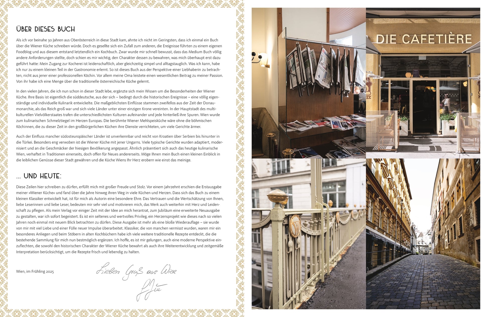 Seite mit Einleitung über die Wiener Küche links, rechts vier Fotos: Zeitungsständer in einem Café, Eingang „Die Cafetière“, schmiedeeiserne Brüstung in Wien und eine enge Gasse in der Innenstadt.