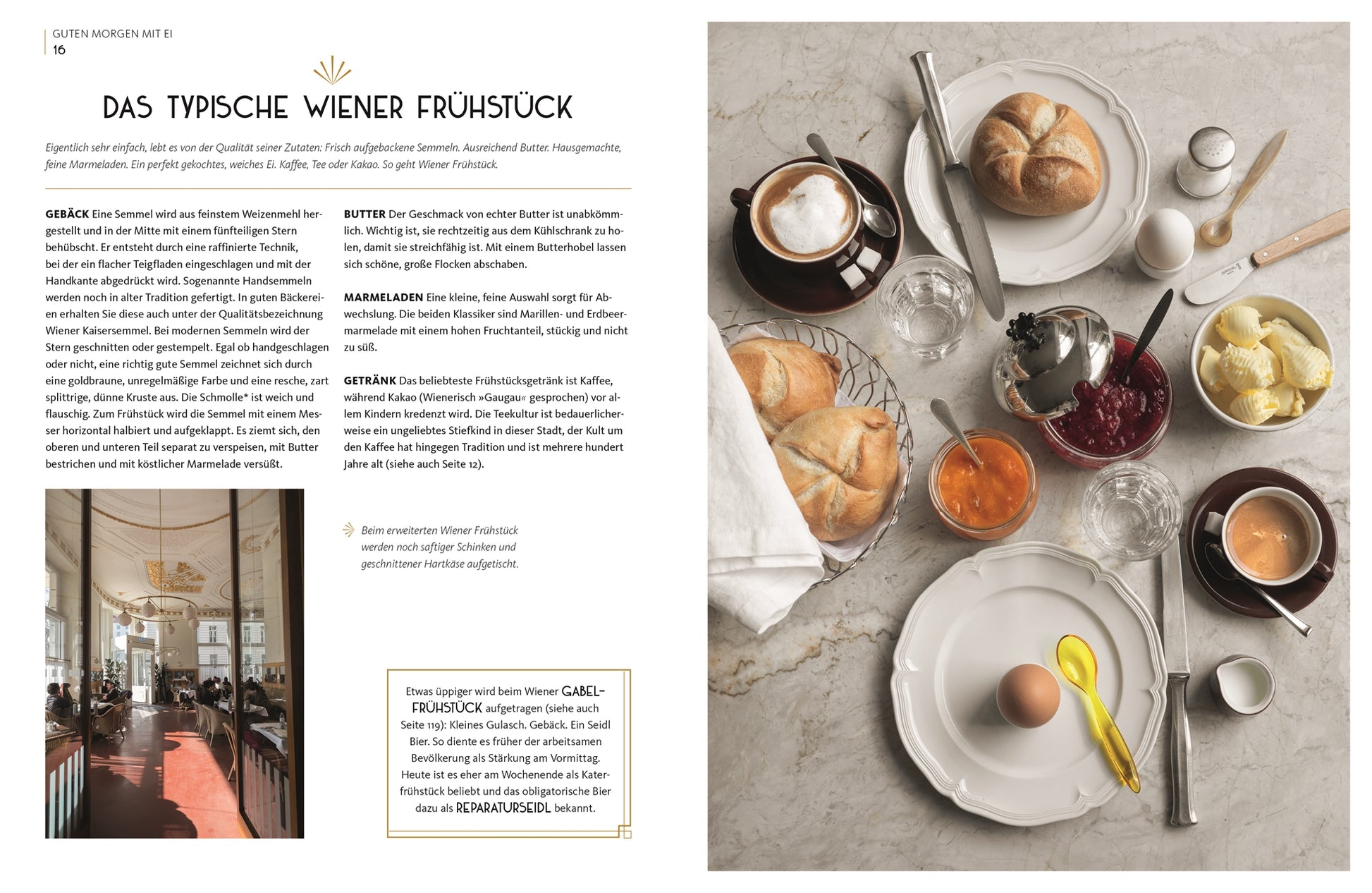 Rezeptseite „Das typische Wiener Frühstück“. Links Text mit Beschreibung klassischer Frühstücksgewohnheiten, rechts gedeckter Frühstückstisch mit Semmeln, Butter, Marmelade, Ei, Kaffee und Kakao