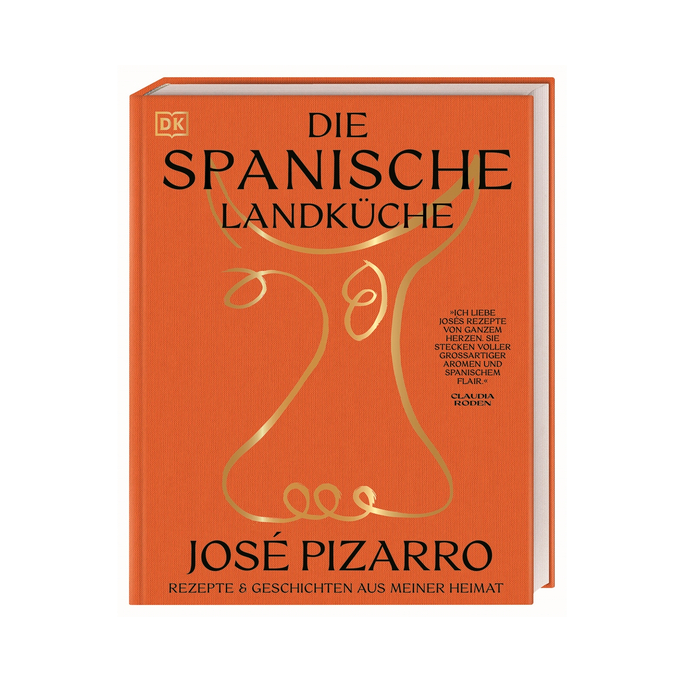 Cover-Foto des Buchs „Die spanische Landküche“: Buchcover in kräftigem Orange mit goldener Illustration einer stilisierten Vase und dem Titel „Die spanische Landküche“ von José Pizarro. Untertitel: „Rezepte & Geschichten aus meiner Heimat“.