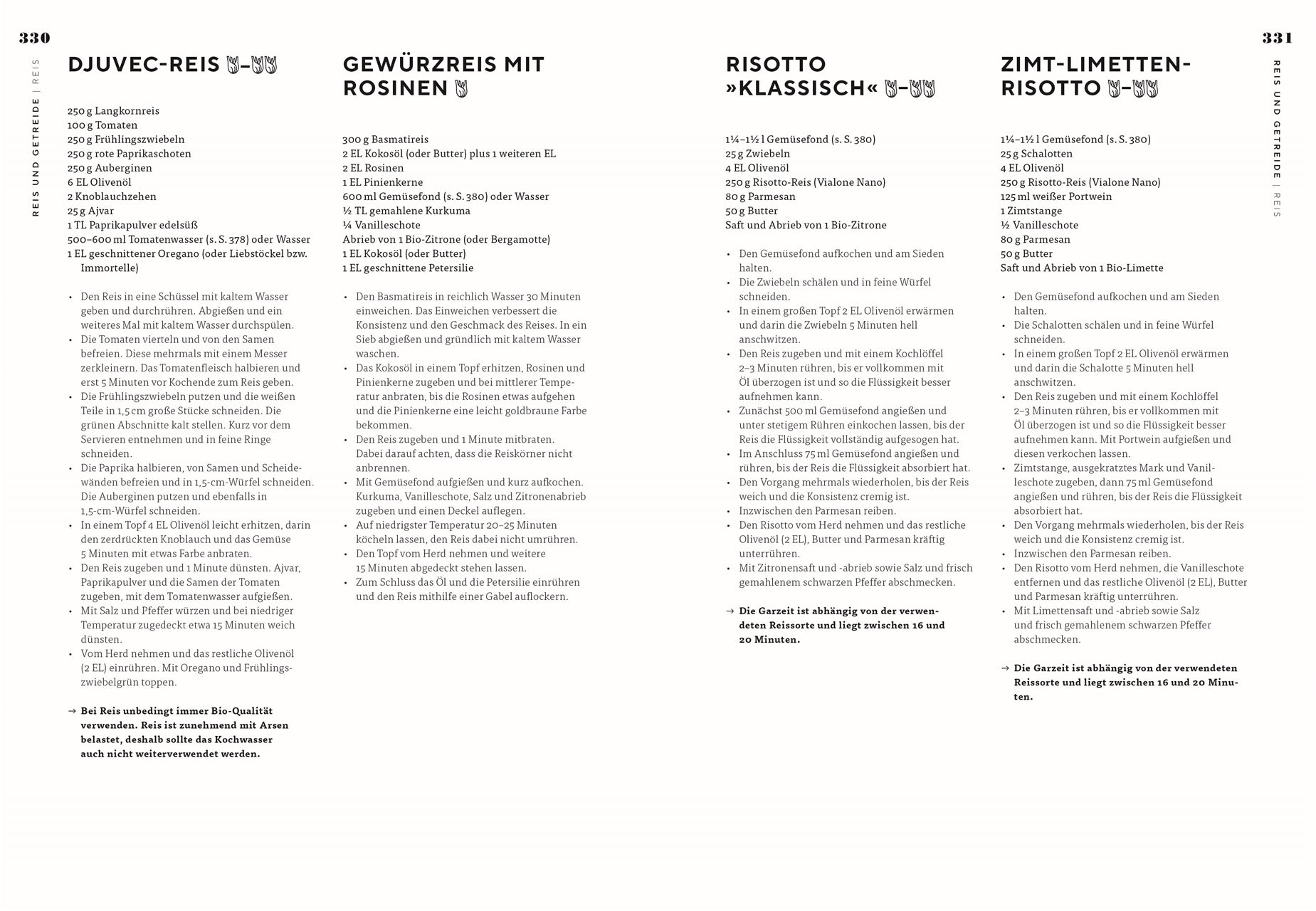 Djuvec-Reis, Gewürzreis mit Rosinen, Risotto klassisch und Zimt-Limetten-Risotto: Rezeptseite mit vier vegetarischen Reisgerichten: Djuvec-Reis, Gewürzreis mit Rosinen, klassisches Risotto und Zimt-Limetten-Risotto – jeweils mit Zutaten und Kochanleitung.