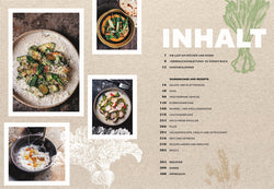 Inhaltsverzeichnis (Paul Ivić – Vegetarisch): Grafisch gestaltetes Inhaltsverzeichnis des Kochbuchs mit Kapiteln wie Pasta, Wurzelgemüse, Salate und Süßes. Umrahmt von vier Food-Fotografien auf beigem Hintergrund.