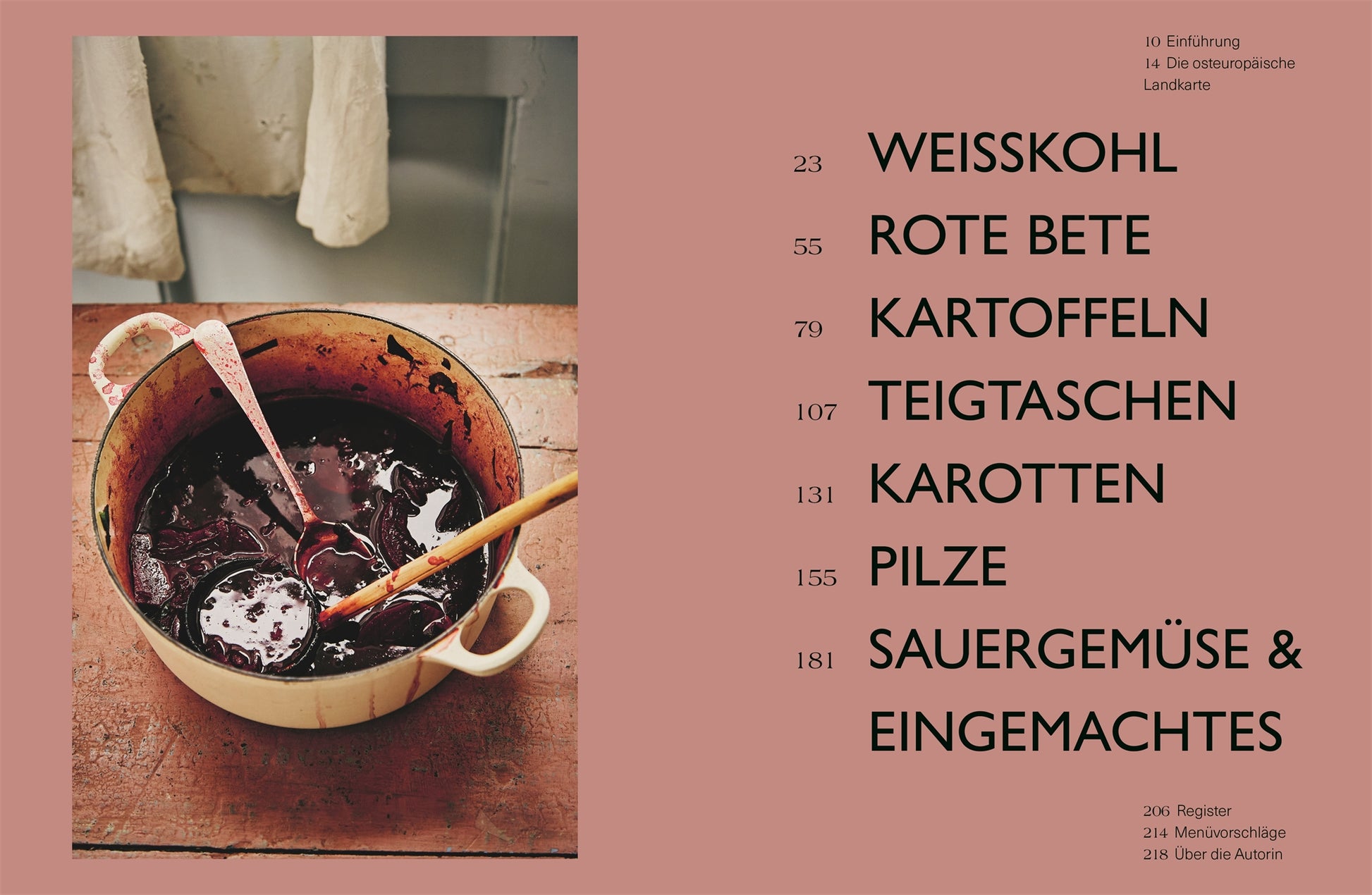 Doppelseite mit einem emaillierten Kochtopf voller Rote-Bete-Suppe links und dem Inhaltsverzeichnis rechts. Auflistung der Kapitel zu Weißkohl, Rote Bete, Kartoffeln, Teigtaschen, Karotten, Pilzen und Sauergemüse.