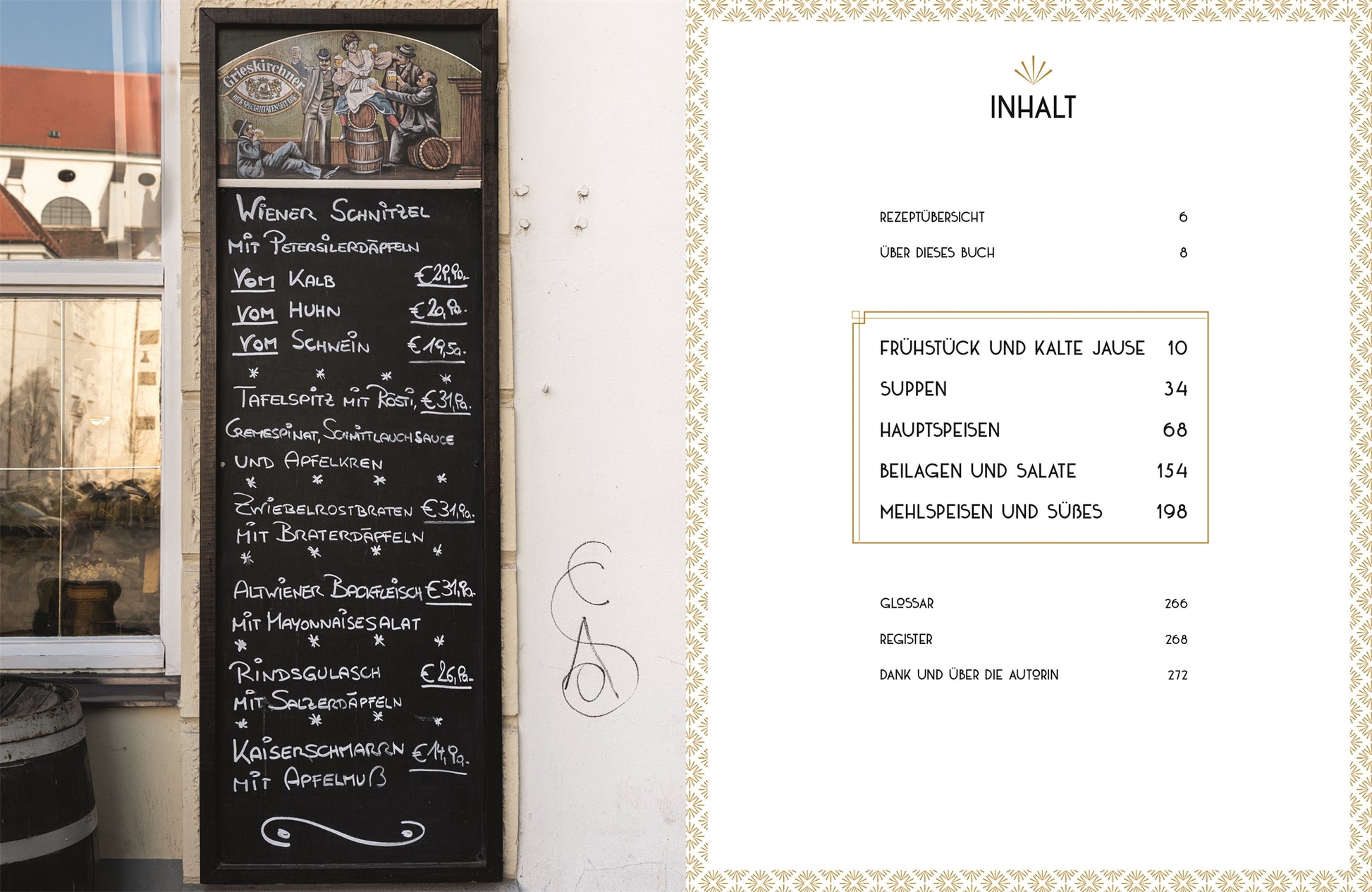 Doppelseite mit einem Foto einer Speisetafel vor einem Wiener Restaurant links und dem Inhaltsverzeichnis rechts. Kapitel: Frühstück und kalte Jause, Suppen, Hauptspeisen, Beilagen und Salate, Mehlspeisen und Süßes.