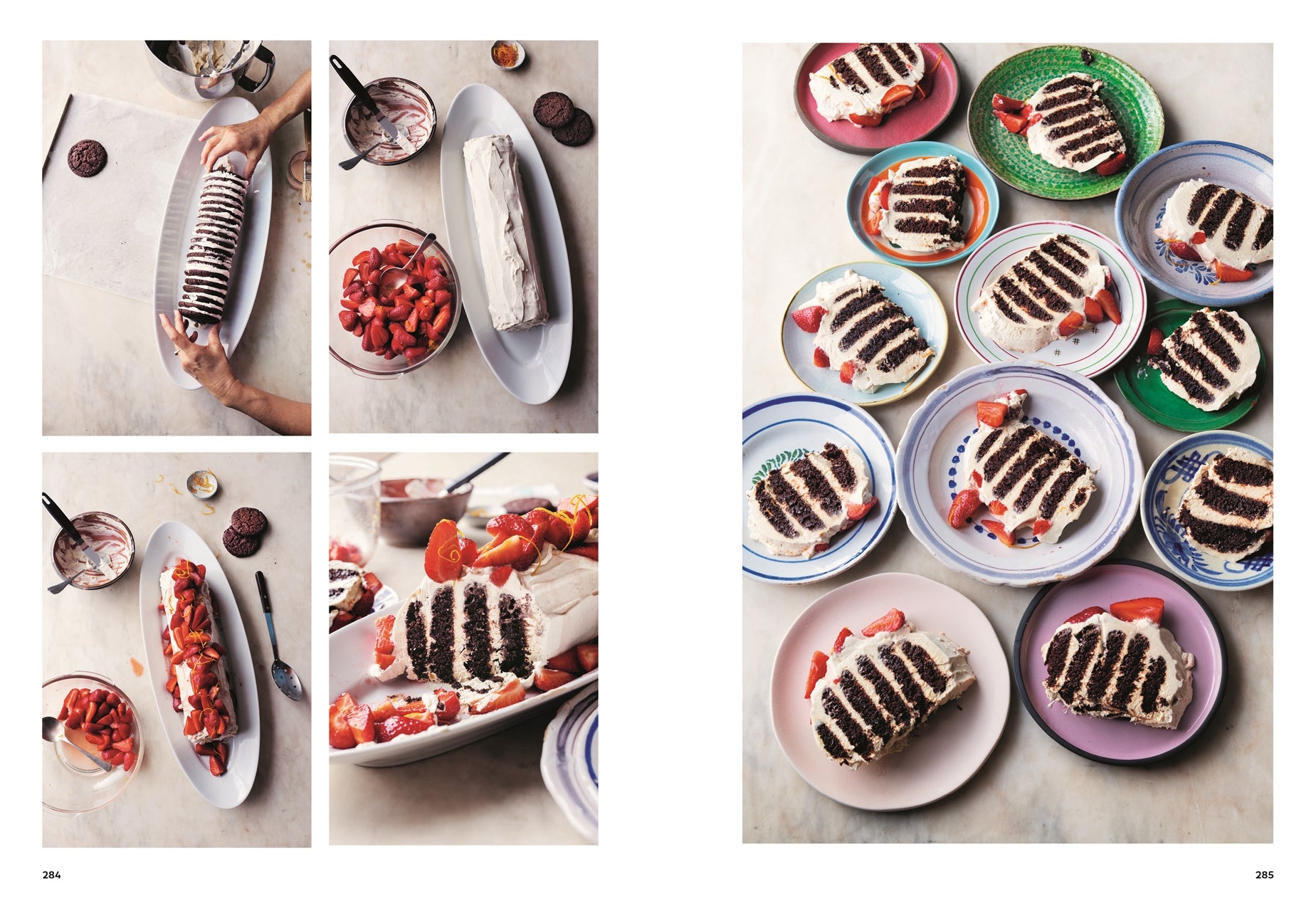 Kuchen mit Erdbeeren (Schoko-Erdbeerrolle): Schrittweise Darstellung der Zubereitung einer Schokokeks-Erdbeerrolle mit Sahne, dazu eine Platte mit mehreren bunten Tellern, auf denen einzelne Stücke der fertigen Rolle angerichtet sind.
