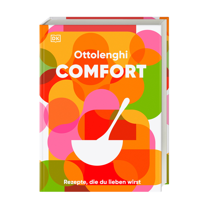 Cover „Ottolenghi: Comfort“: Buntes, abstraktes Buchcover mit dem Titel „Ottolenghi Comfort – Rezepte, die du lieben wirst“ in weißen Buchstaben vor einem farbenfrohen Hintergrund aus überlappenden Kreisen in Orange, Pink, Grün und Rot.