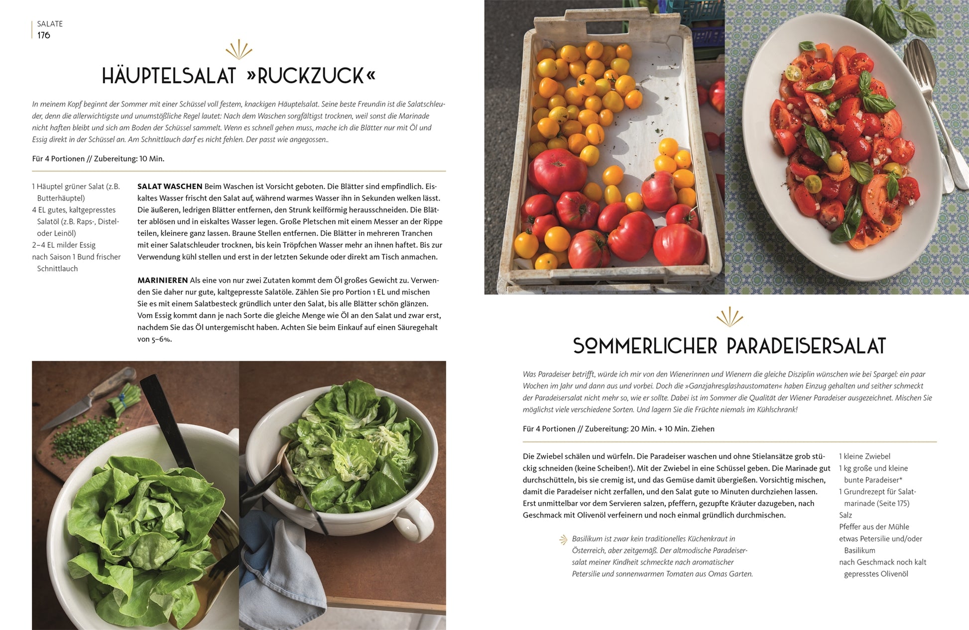 Rezeptseite mit zwei Salaten. Links Rezept für Häuptelsalat „Ruckzuck“, unten Foto mit Schüssel Kopfsalat. Rechts Rezept für sommerlichen Paradeisersalat, daneben Teller mit Tomatensalat aus gelben und roten Tomaten mit Basilikum