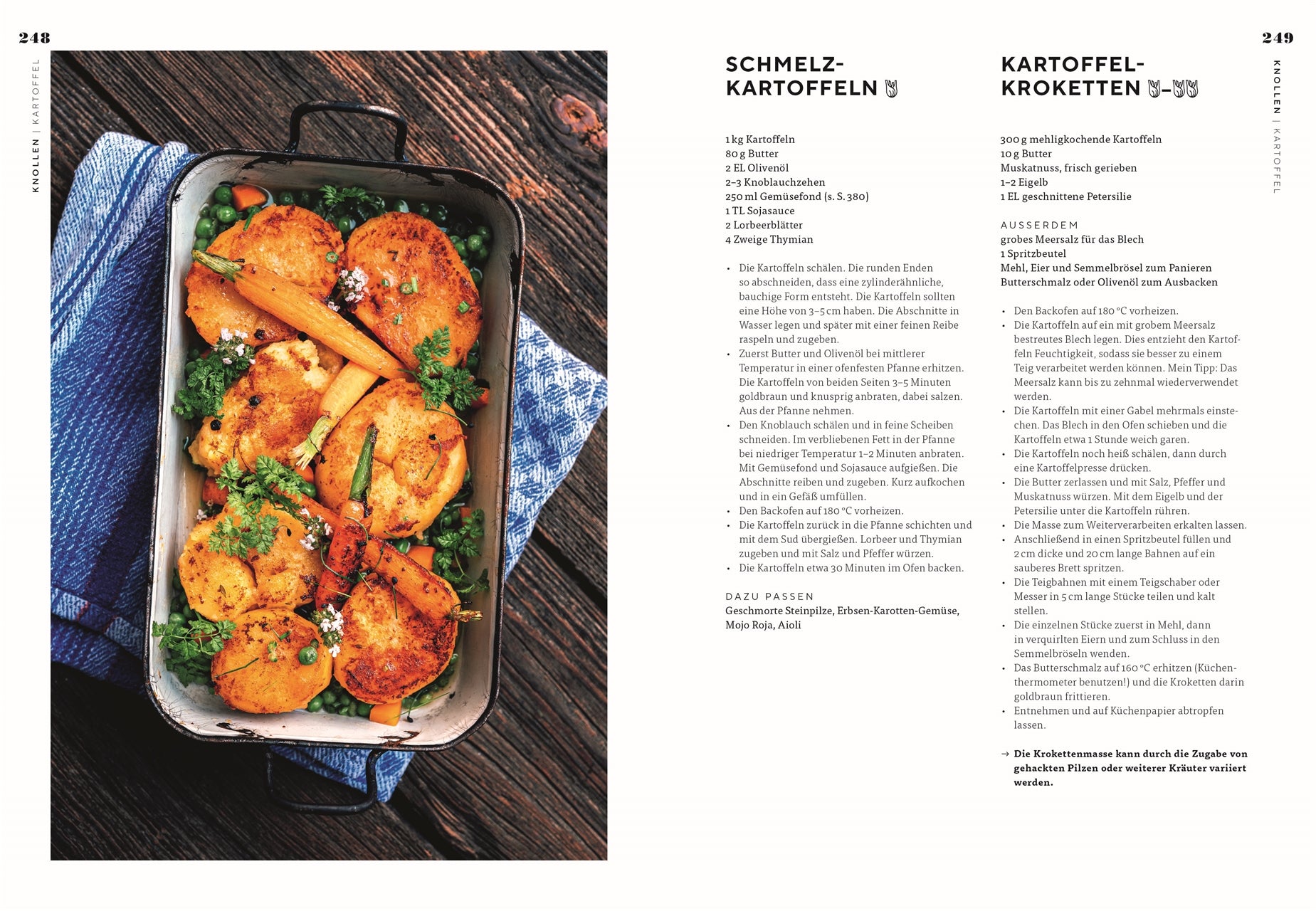 Schmelz-Kartoffeln und Kartoffel-Kroketten: Ofenform mit goldbraun gebratenen Schmelzkartoffeln, garniert mit glasierten Möhren, Erbsen und frischen Kräutern. Daneben Rezepttexte für Schmelzkartoffeln und Kartoffelkroketten.