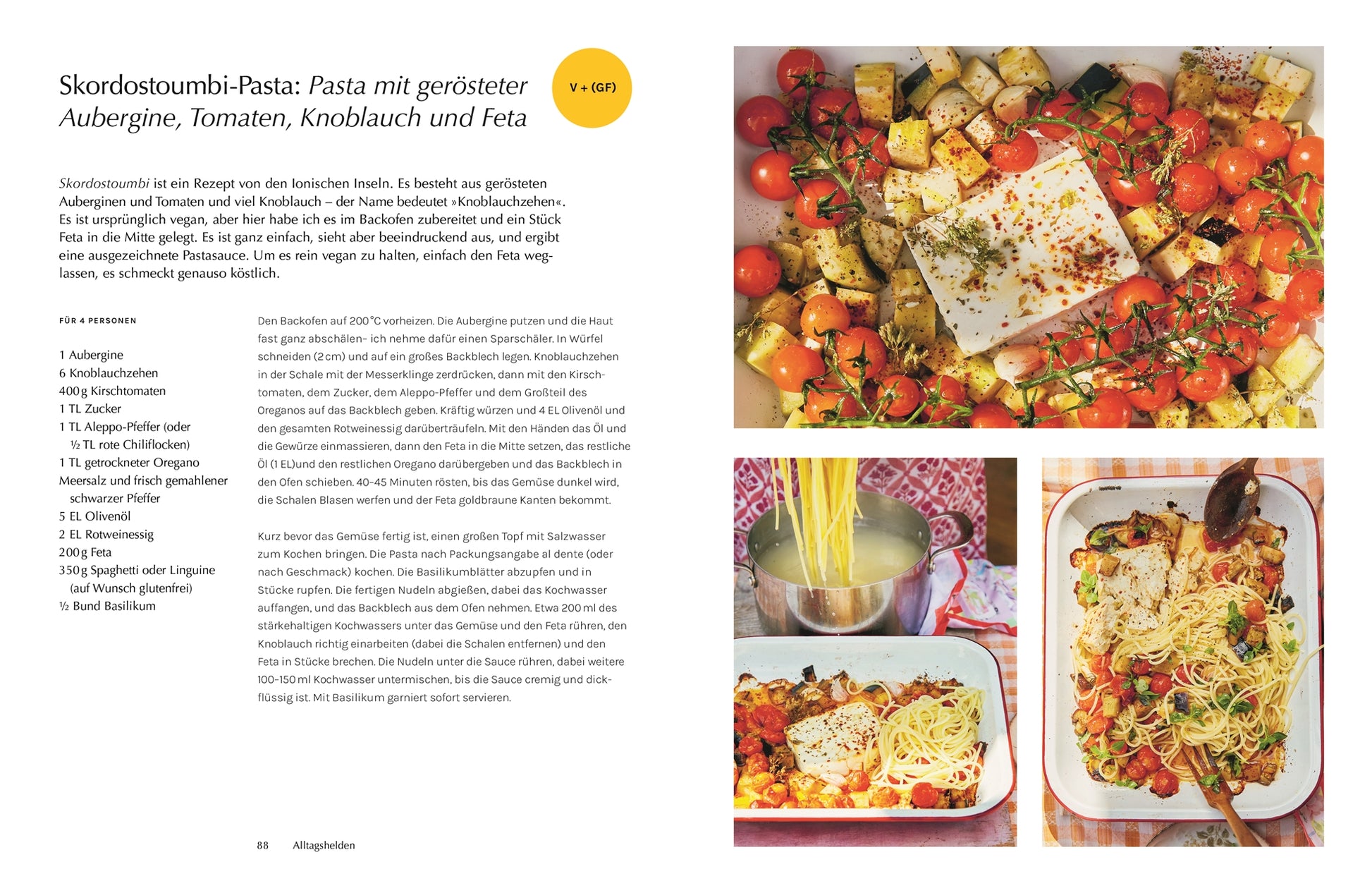 Skordostoumbi-Pasta: Pasta mit im Ofen gerösteten Tomaten, Auberginen, Knoblauch und einem Stück Feta, angerichtet in einer weißen Auflaufform – mediterrane Optik mit frischen Kräutern.