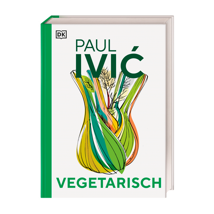 Buchcover „Vegetarisch“ von Paul Ivić: Buchcover des Kochbuchs ‚Vegetarisch‘ von Paul Ivić mit stilisierter Illustration eines Fenchels in Grün-, Orange- und Gelbtönen auf weißem Hintergrund.
