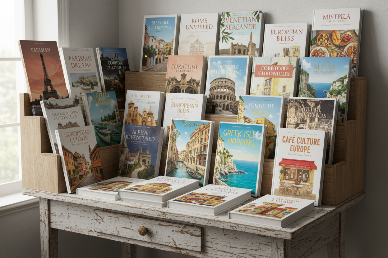 Auswahl an Reise- und Lifestylebüchern über europäische Städte und Regionen, arrangiert auf einem alten Holztisch in einer gemütlichen Umgebung.