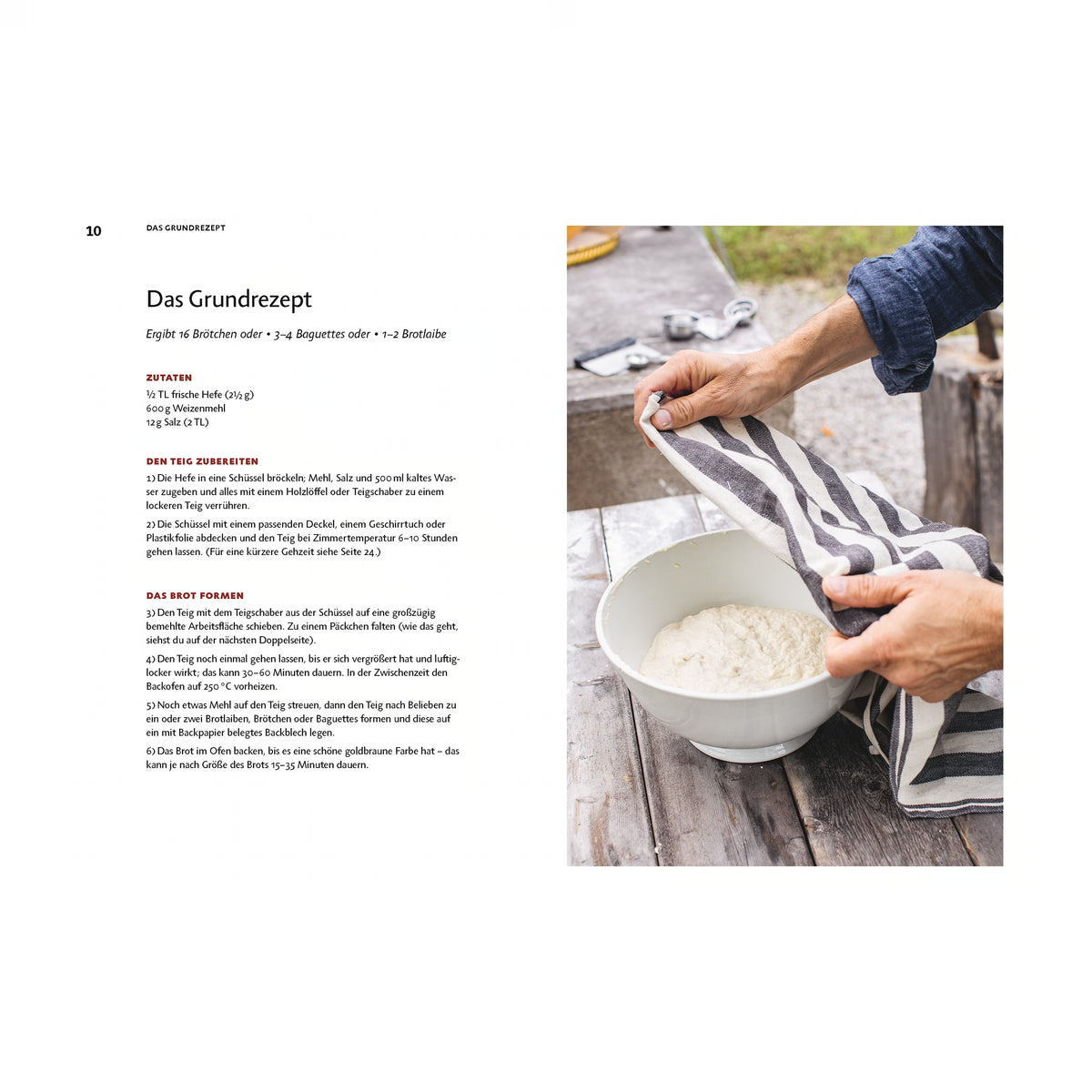 Doppelseite aus dem Buch 1 Methode 100 Brote mit dem Grundrezept für Brot: Zutaten, Anleitung und Foto eines Teigs in einer Schüssel, der unter einem Geschirrtuch ruht.