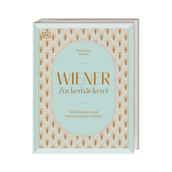 Cover Photo: Buchcover von „Wiener Zuckerbäckerei“ von Bernadette Wörndl mit elegantem Art-déco-Muster in Gold auf hellblauem Hintergrund und dem Untertitel „Süße Klassiker und wiederentdeckte Schätze.
