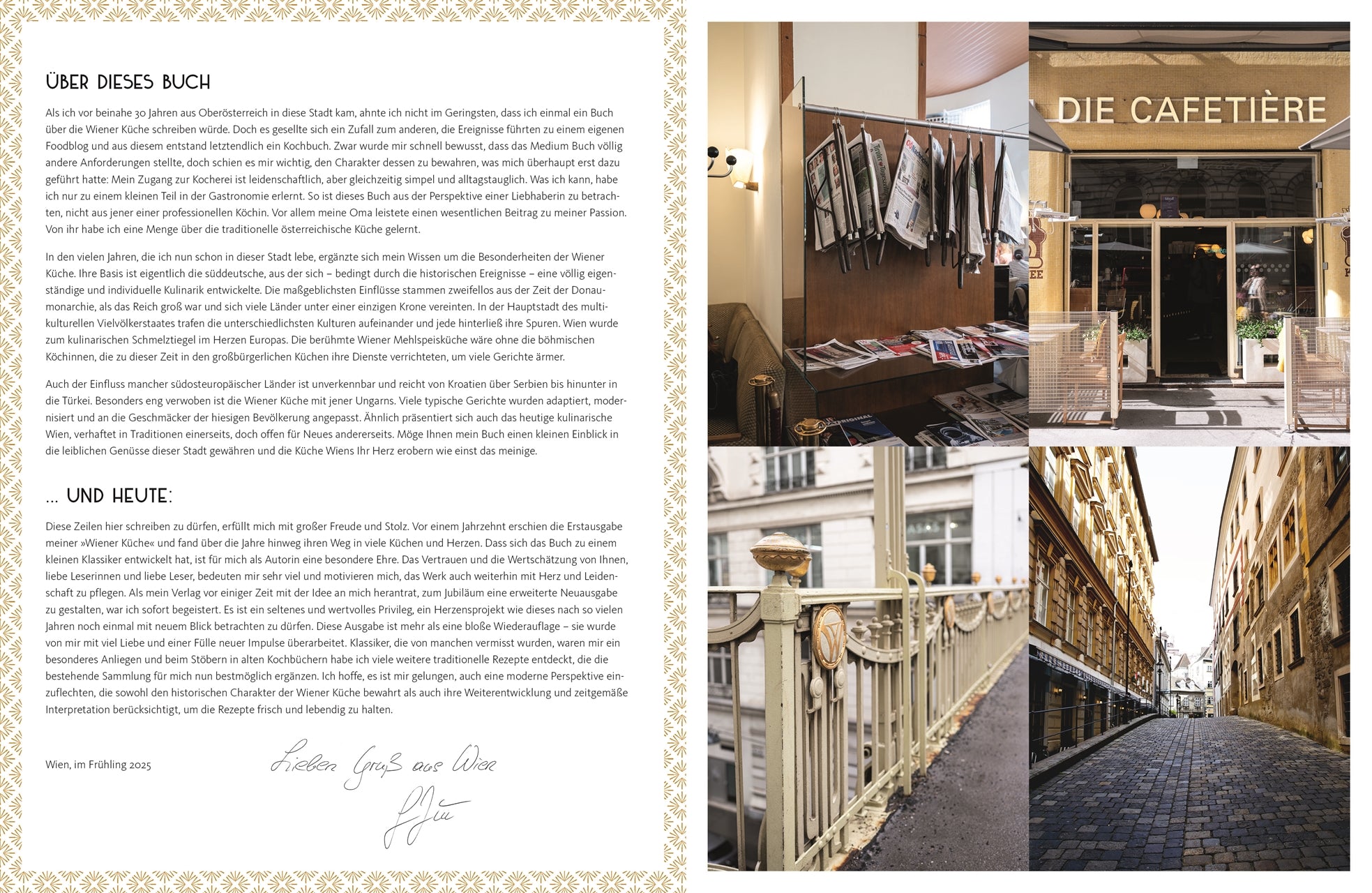 Seite mit Einleitung über die Wiener Küche links, rechts vier Fotos: Zeitungsständer in einem Café, Eingang „Die Cafetière“, schmiedeeiserne Brüstung in Wien und eine enge Gasse in der Innenstadt.