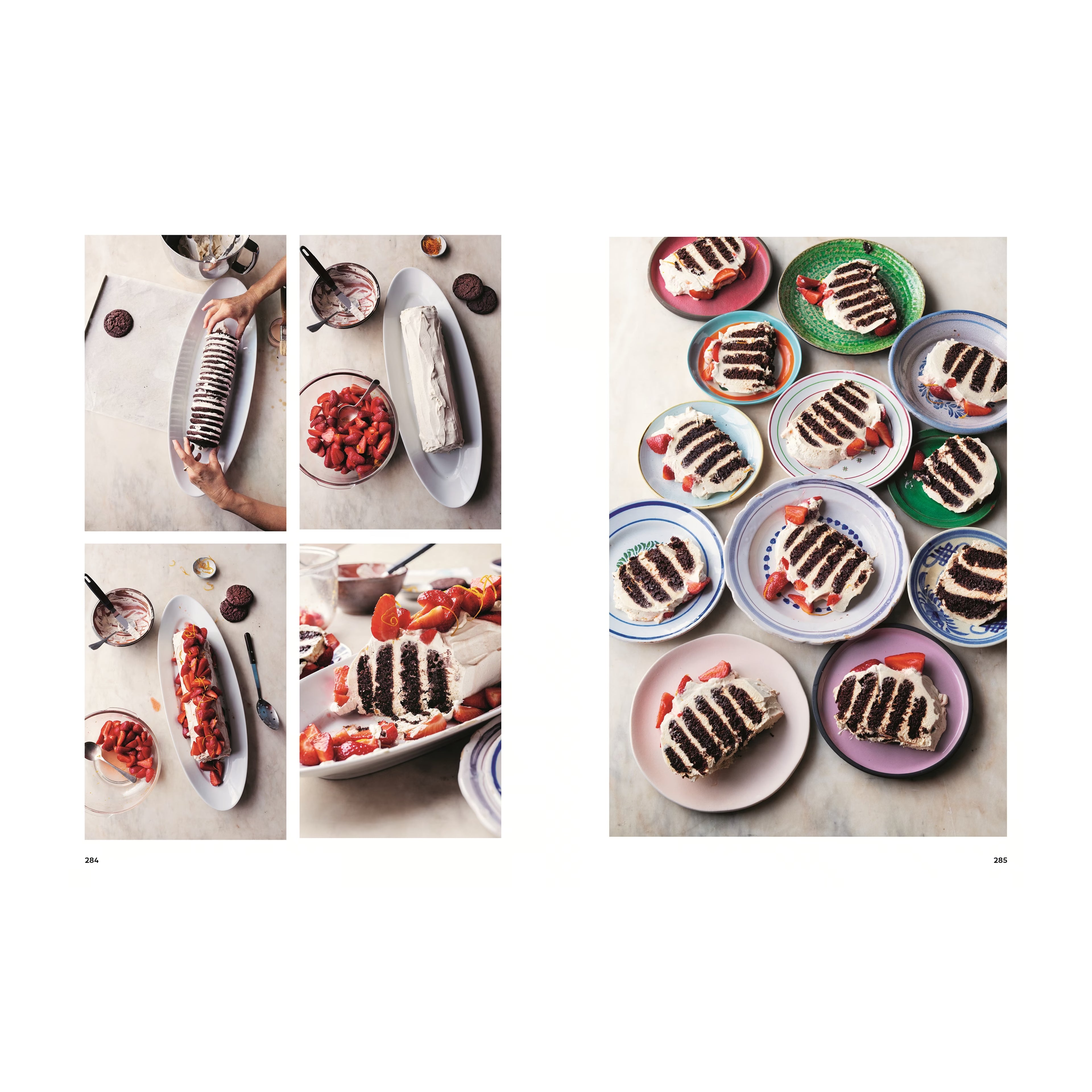 Kuchen mit Erdbeeren (Schoko-Erdbeerrolle): Schrittweise Darstellung der Zubereitung einer Schokokeks-Erdbeerrolle mit Sahne, dazu eine Platte mit mehreren bunten Tellern, auf denen einzelne Stücke der fertigen Rolle angerichtet sind.