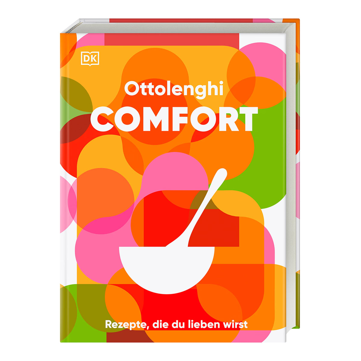 Cover „Ottolenghi: Comfort“: Buntes, abstraktes Buchcover mit dem Titel „Ottolenghi Comfort – Rezepte, die du lieben wirst“ in weißen Buchstaben vor einem farbenfrohen Hintergrund aus überlappenden Kreisen in Orange, Pink, Grün und Rot.