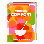 Cover „Ottolenghi: Comfort“: Buntes, abstraktes Buchcover mit dem Titel „Ottolenghi Comfort – Rezepte, die du lieben wirst“ in weißen Buchstaben vor einem farbenfrohen Hintergrund aus überlappenden Kreisen in Orange, Pink, Grün und Rot.