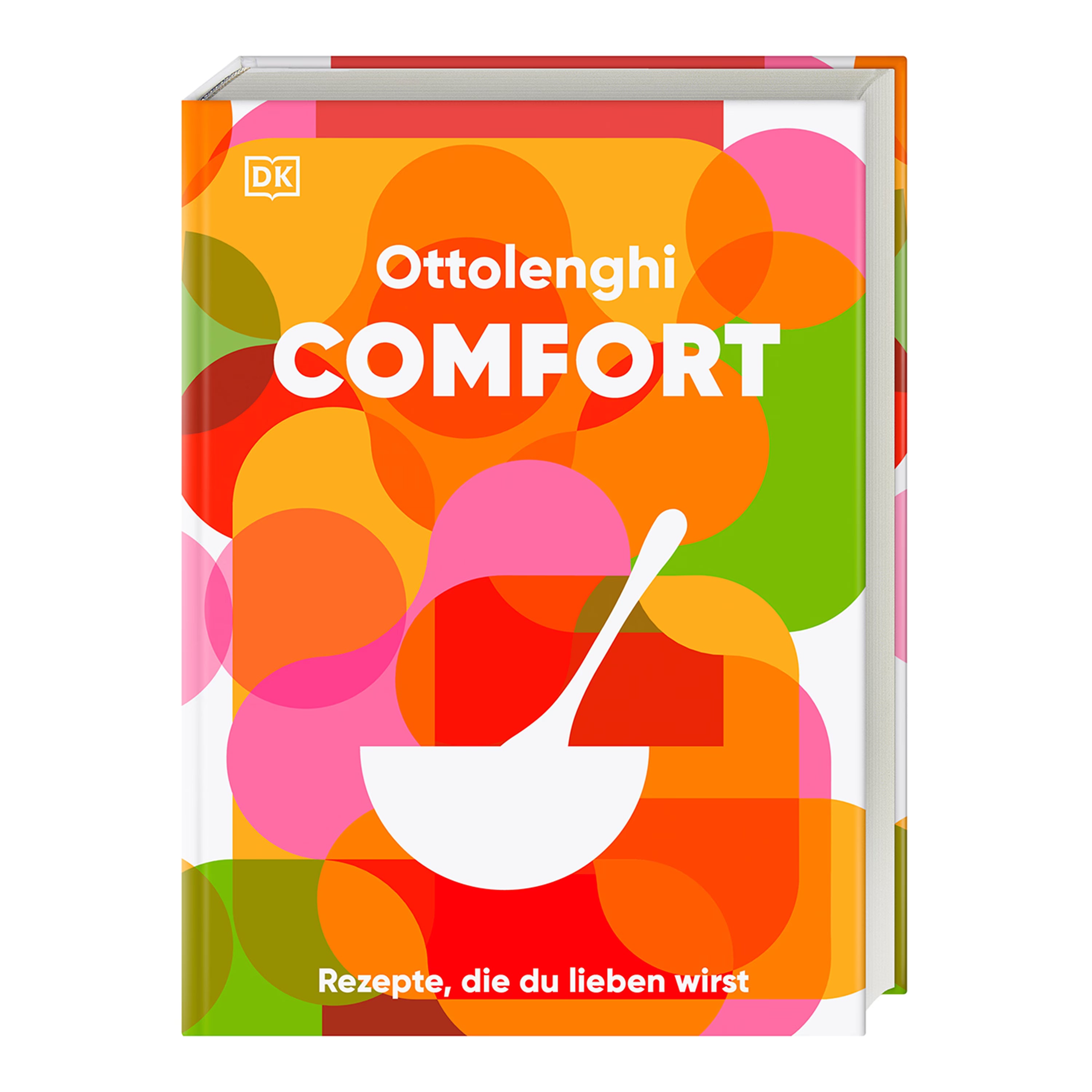 Cover „Ottolenghi: Comfort“: Buntes, abstraktes Buchcover mit dem Titel „Ottolenghi Comfort – Rezepte, die du lieben wirst“ in weißen Buchstaben vor einem farbenfrohen Hintergrund aus überlappenden Kreisen in Orange, Pink, Grün und Rot.