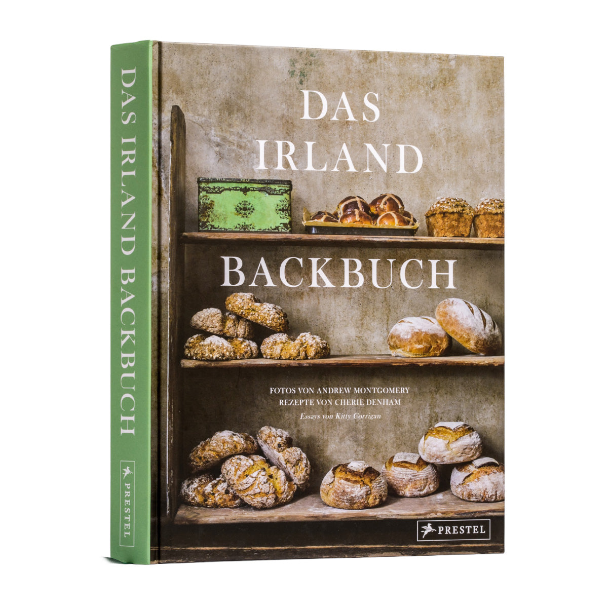 Buchcover von Das Irland Backbuch mit rustikal arrangierten irischen Broten und Gebäck auf Holzregalen; traditionelle und moderne Backrezepte mit Fotos von Andrew Montgomery und Rezepten von Cherie Denham.