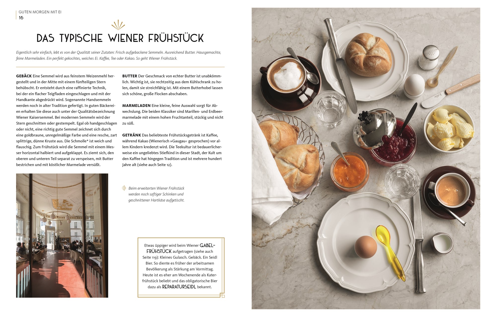 Rezeptseite „Das typische Wiener Frühstück“. Links Text mit Beschreibung klassischer Frühstücksgewohnheiten, rechts gedeckter Frühstückstisch mit Semmeln, Butter, Marmelade, Ei, Kaffee und Kakao