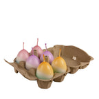 Handgetauchte Dip-Dye Eierkerzen aus Bienenwachs in Pastellfarben im Eierkarton Ostern Kerzenfarm Hahn. Eierkerzen in den Farbkombinationen Mandarine-Mint, Violett-Grau und Rosa-Eisblau.