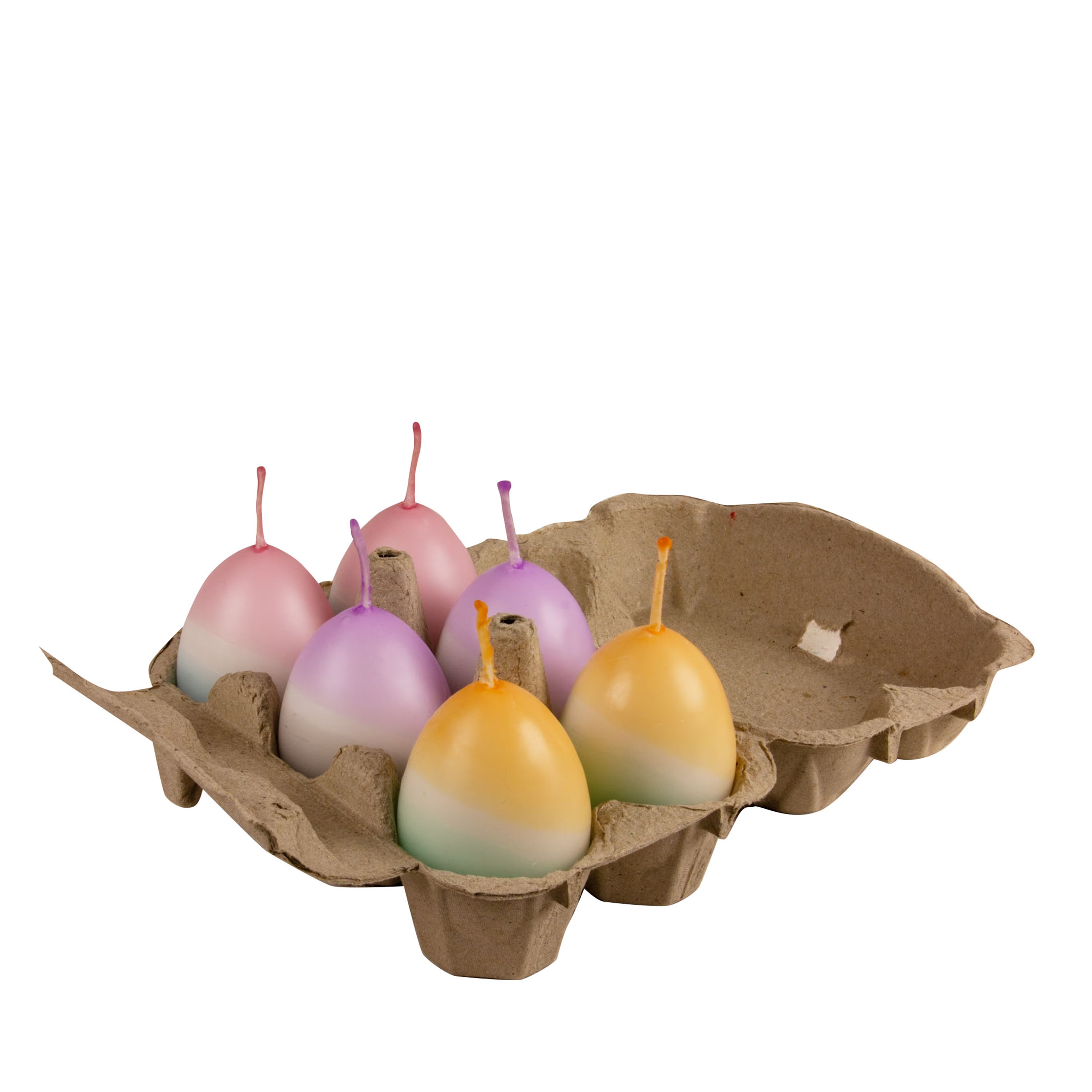 Handgetauchte Dip-Dye Eierkerzen aus Bienenwachs in Pastellfarben im Eierkarton Ostern Kerzenfarm Hahn. Eierkerzen in den Farbkombinationen Mandarine-Mint, Violett-Grau und Rosa-Eisblau.