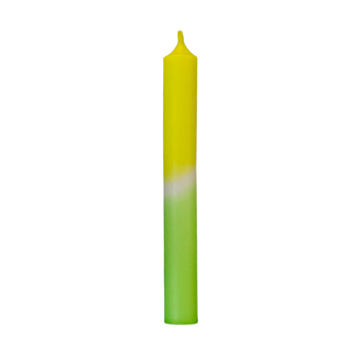 Handgetauchte Dip Dye Stabkerze in Neon Gelb und Grün aus Paraffin, 18 cm hoch, ruhiger Abbrand, gefertigt in Deutschland von Kerzenfarm Hahn