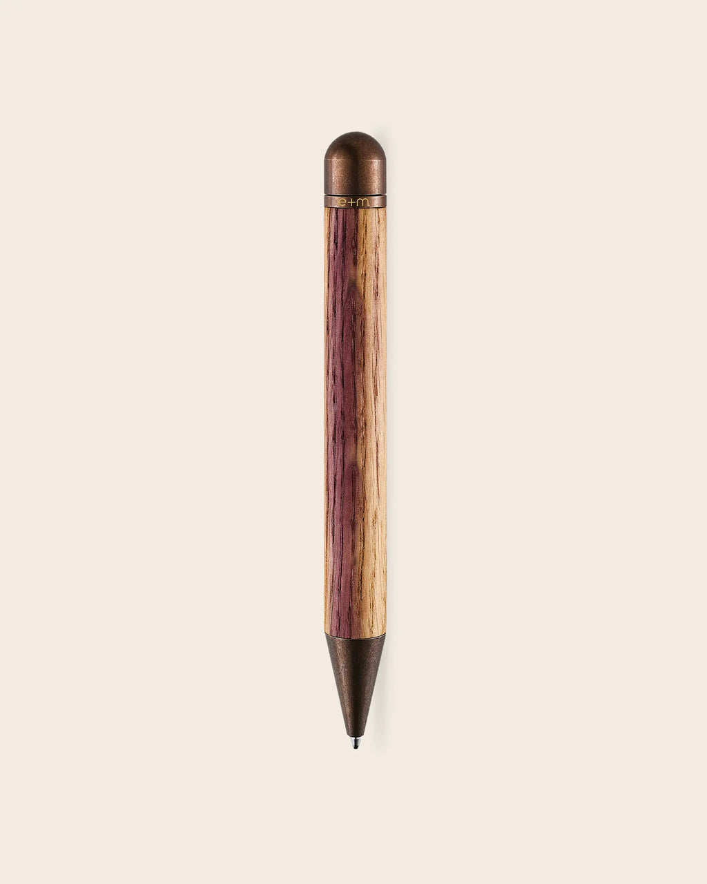 Drehkugelschreiber Barrique von e + m aus echtem Barrique Eichenholz mit Kupfer und Chromelementen handgefertigter Kugelschreiber aus Weinfass Holz mit schwarzer Mine exklusives Schreibgerät Made in Germany