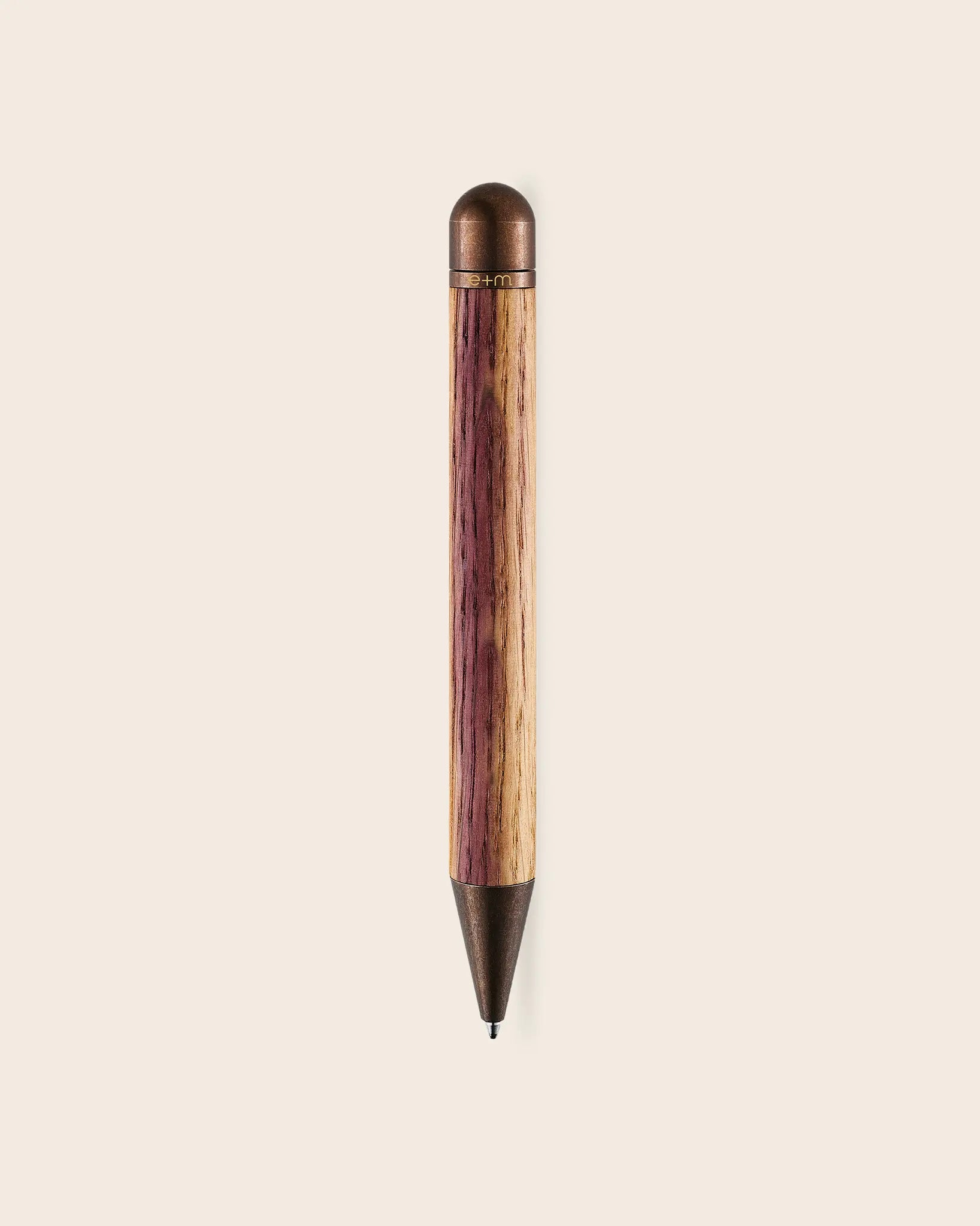 Drehkugelschreiber Barrique von e + m aus echtem Barrique Eichenholz mit Kupfer und Chromelementen handgefertigter Kugelschreiber aus Weinfass Holz mit schwarzer Mine exklusives Schreibgerät Made in Germany