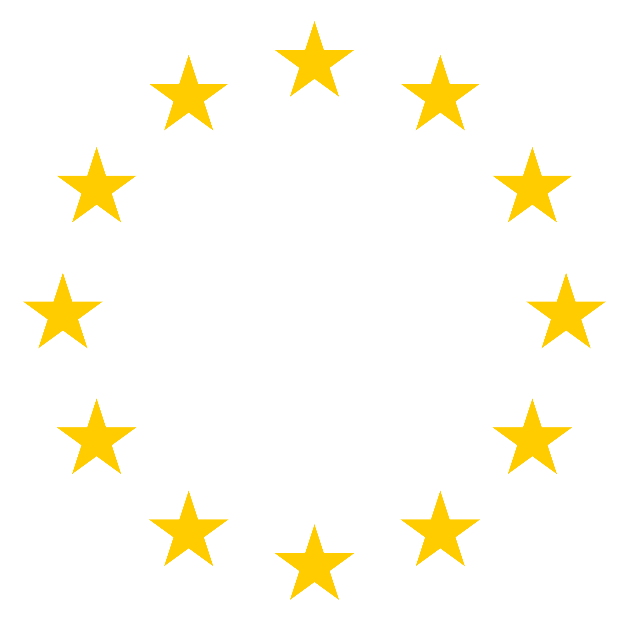 Zwölf gelbe fünfzackige Sterne bilden einen Kreis, der an das Symbol der Europäischen Union erinnert. Der Hintergrund ist transparent.