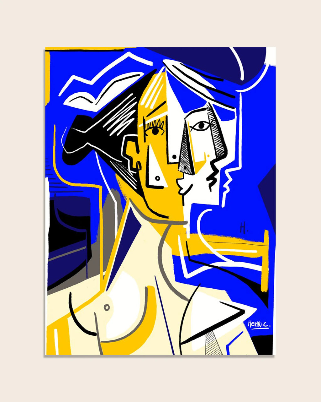 Fine Art Print CUBISME von Jean-Philippe Henric zeigt ein kubistisches Porträt in Blau Gelb Schwarz und Weiß auf strukturiertem Fine Art Papier. Limitierte Edition mit Echtheitszertifikat als hochwertiger Digigraphie Druck.