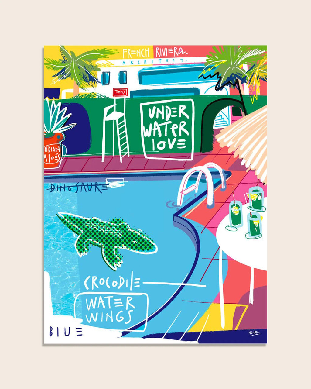 Fine Art Print French Riviera von Jean Philippe Henric zeigt eine verspielte Poolszene mit Krokodil, Wasserflügeln Leiter, Palmen und leuchtenden Riviera Farben. Zeitgenössische Illustration als limitierter Digigraphie Kunstdruck auf strukturiertem Papier.