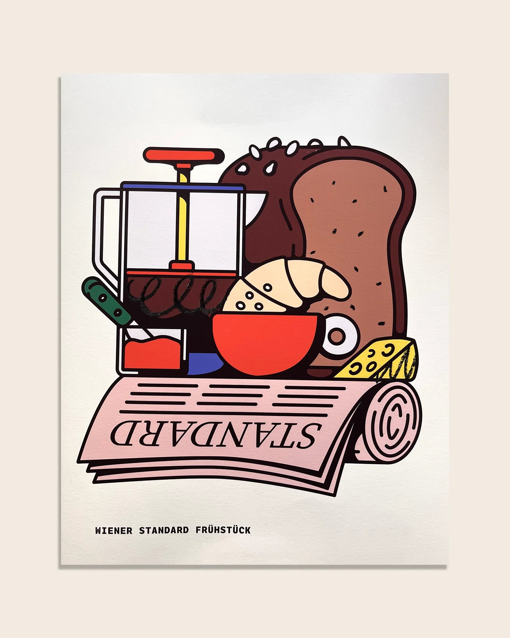 Fine Art Print Wiener Standard Frühstück von RadandYellow aus Wien, farbenfrohe Illustration eines klassischen Wiener Frühstücks mit Kaffeepresse, Brot, Croissant, Marmelade und Zeitung. Limitierte Edition, jeder Print von Hand mit Ölkreide veredelt, Format DIN A1 59,4 cm x 82 cm auf Fotospeed Art Smooth 200 g pro m².