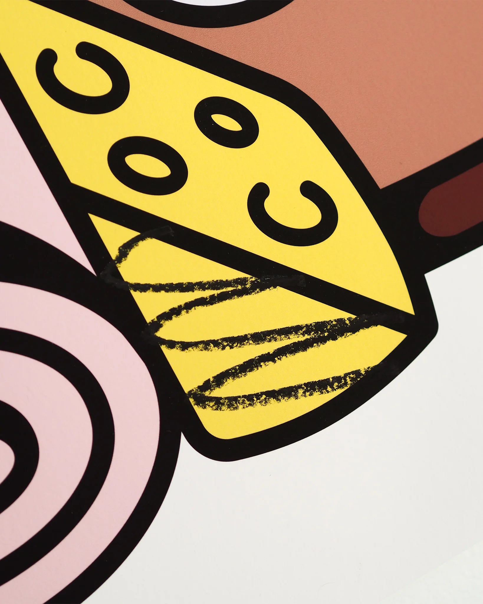 Detailansicht des Fine Art Prints Wiener Standard Frühstück von RadandYellow zeigt die präzise Druckqualität des Illustrationsmotivs mit gelbem Käse, Brot und Zeitung. Die kräftigen Farben und klaren Linien des Kunstdrucks unterstreichen die hochwertige Verarbeitung auf strukturiertem Fotospeed Art Smooth Papier.