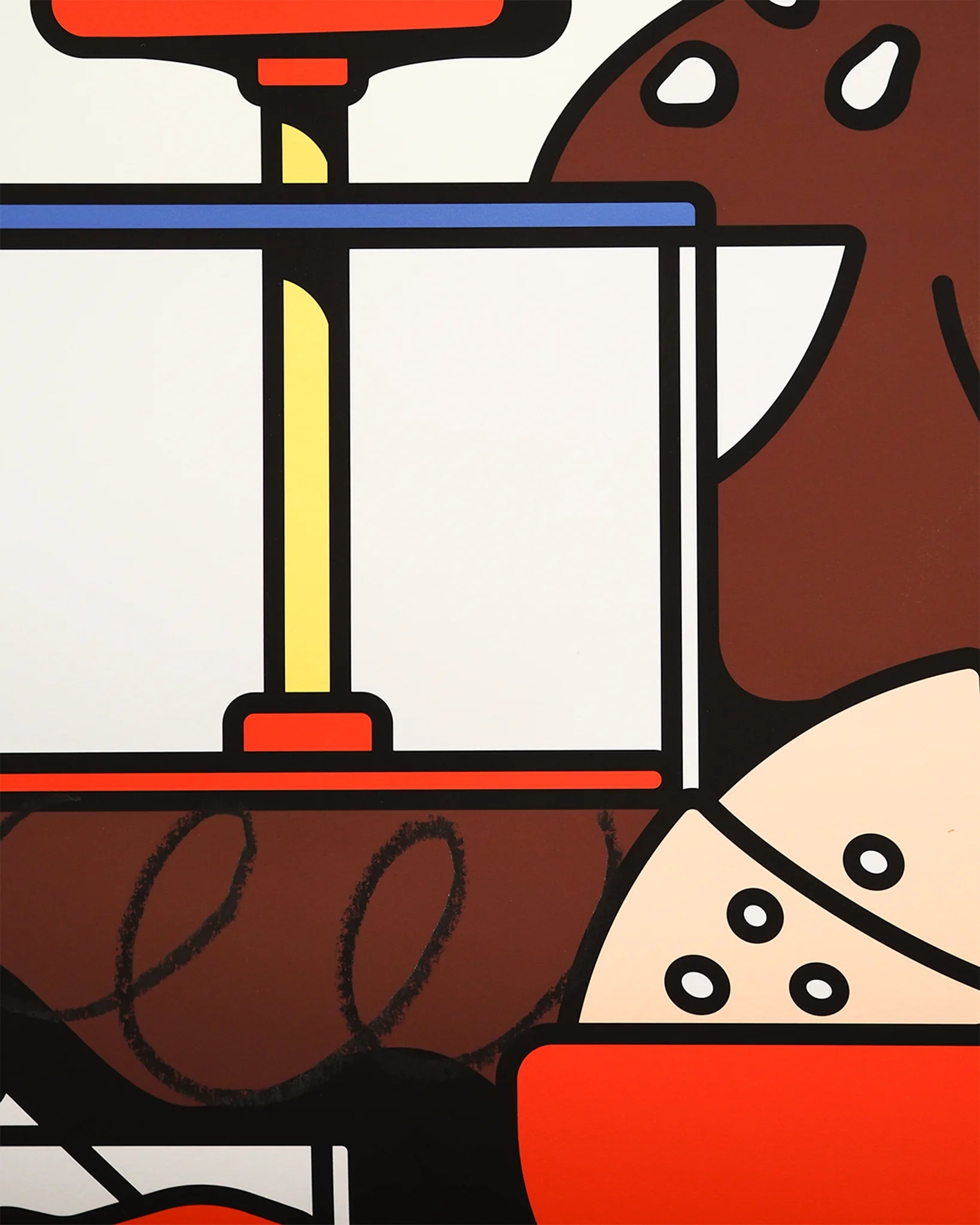 Detailansicht des Fine Art Prints Wiener Standard Frühstück von RadandYellow zeigt den oberen Teil der Illustration mit Kaffeepresse, Brot und Croissant. Die kräftigen Farben und präzisen Linien des Kunstdrucks heben die hochwertige Qualität des Artworks auf Fotospeed Art Smooth Papier hervor.