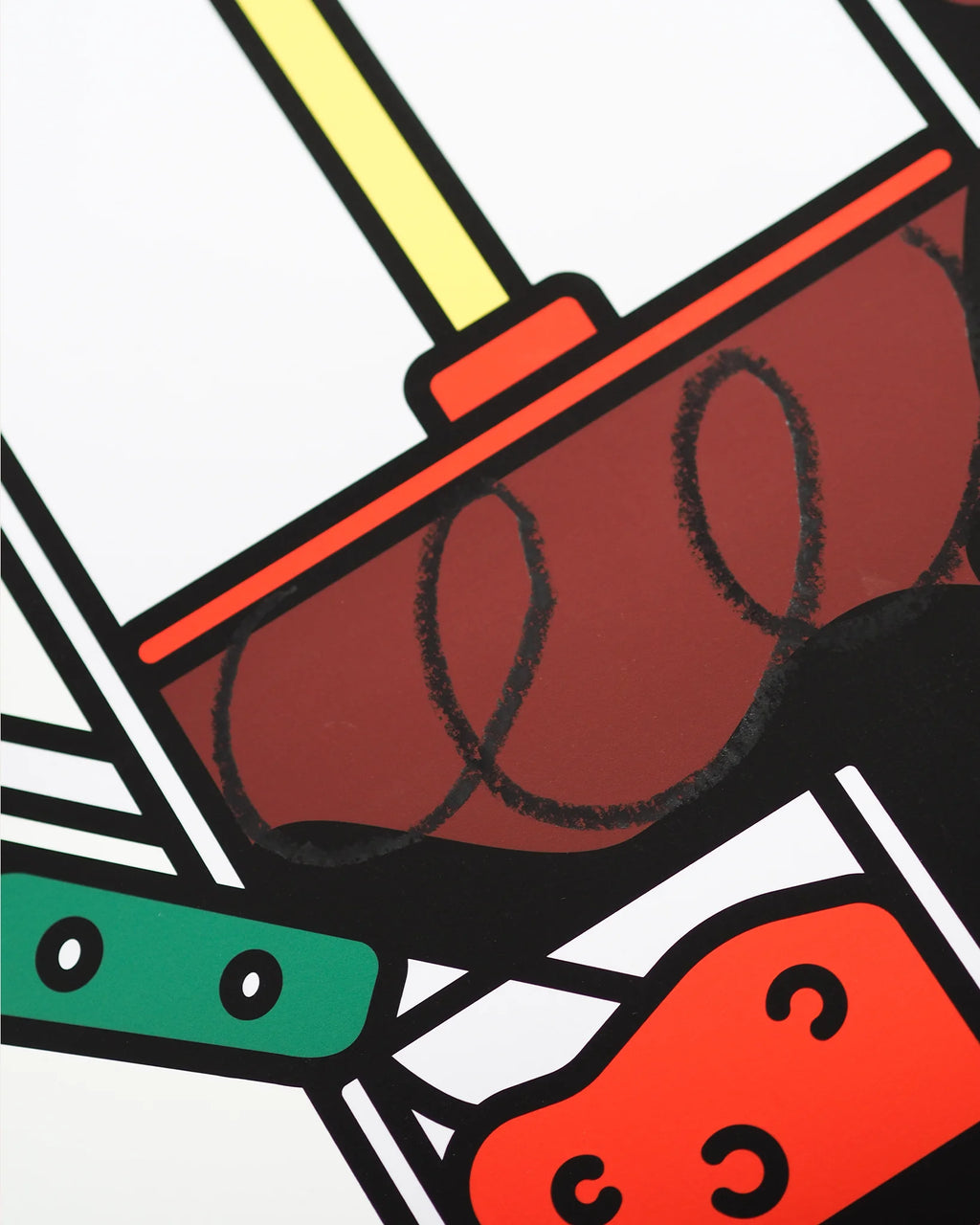 Nahaufnahme des Fine Art Prints Wiener Standard Frühstück von RadandYellow zeigt den Bereich mit Kaffeepresse, Marmeladenglas und kräftigen Farben. Die Illustration besticht durch klare Linien, intensive Kontraste und eine hochwertige Druckqualität auf strukturiertem Kunstdruckpapier.