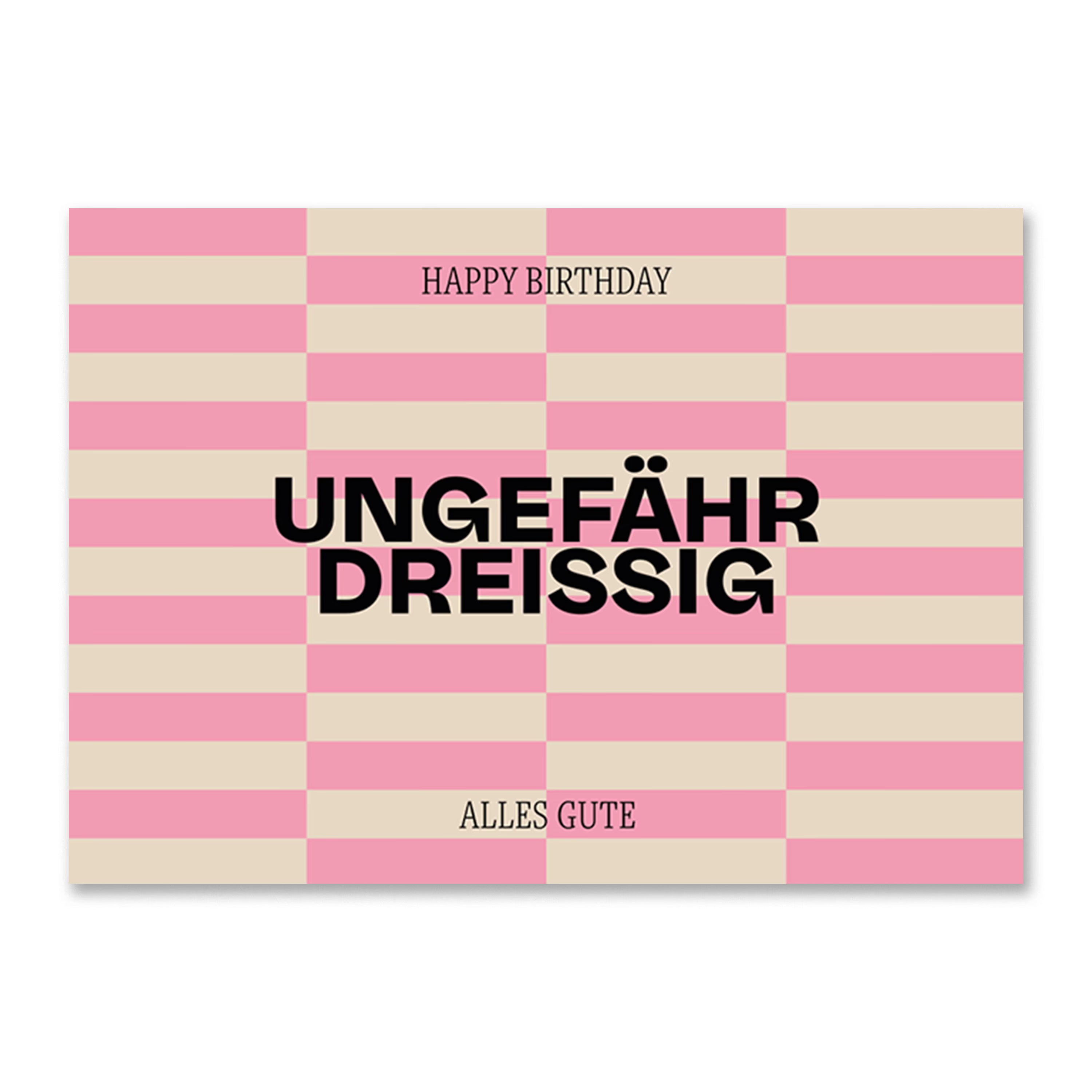 Moderne Geburtstagskarte mit grafischem Streifenmuster in Pink und Beige mit Aufschrift ‚Happy Birthday‘, ‚Ungefähr Dreissig‘ und ‚Alles Gute‘. Stilvolle Glückwunschkarte.