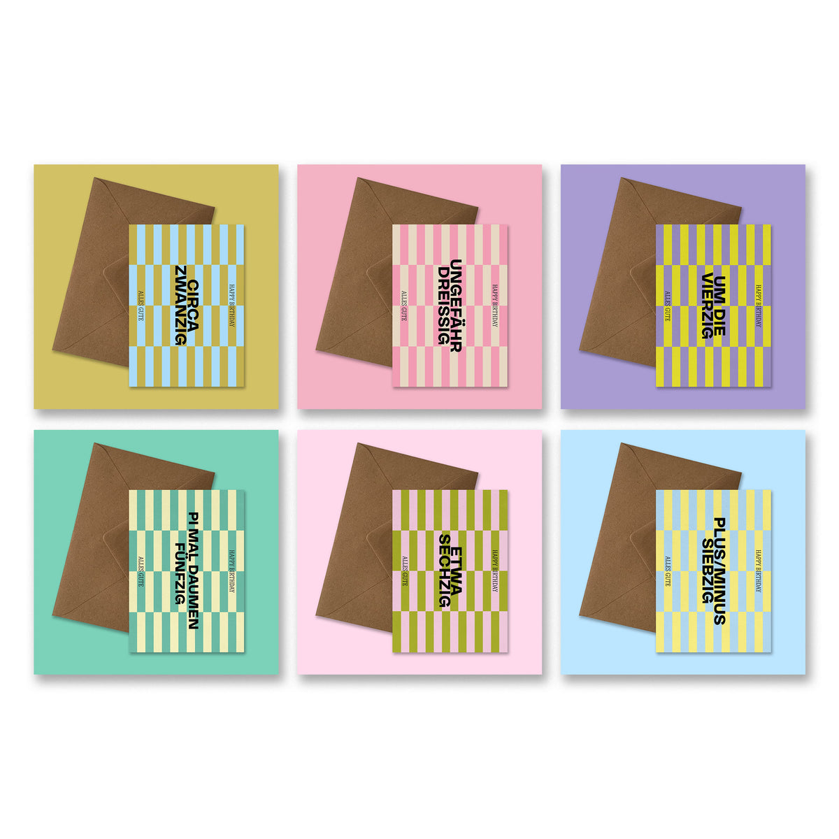 Übersicht 6-teiliges Geburtstagskartenset. Bestehend aus den Karten: CIRCA ZWANZIG, UNGEFÄHR DREISSIG, UM DIE VIERZIG, PI MAL DAUMEN FÜNFZIG, ETWA SECHZIG, PLUS/MINUS SIEBZIG. Geburtstagskartenset von studio ciao