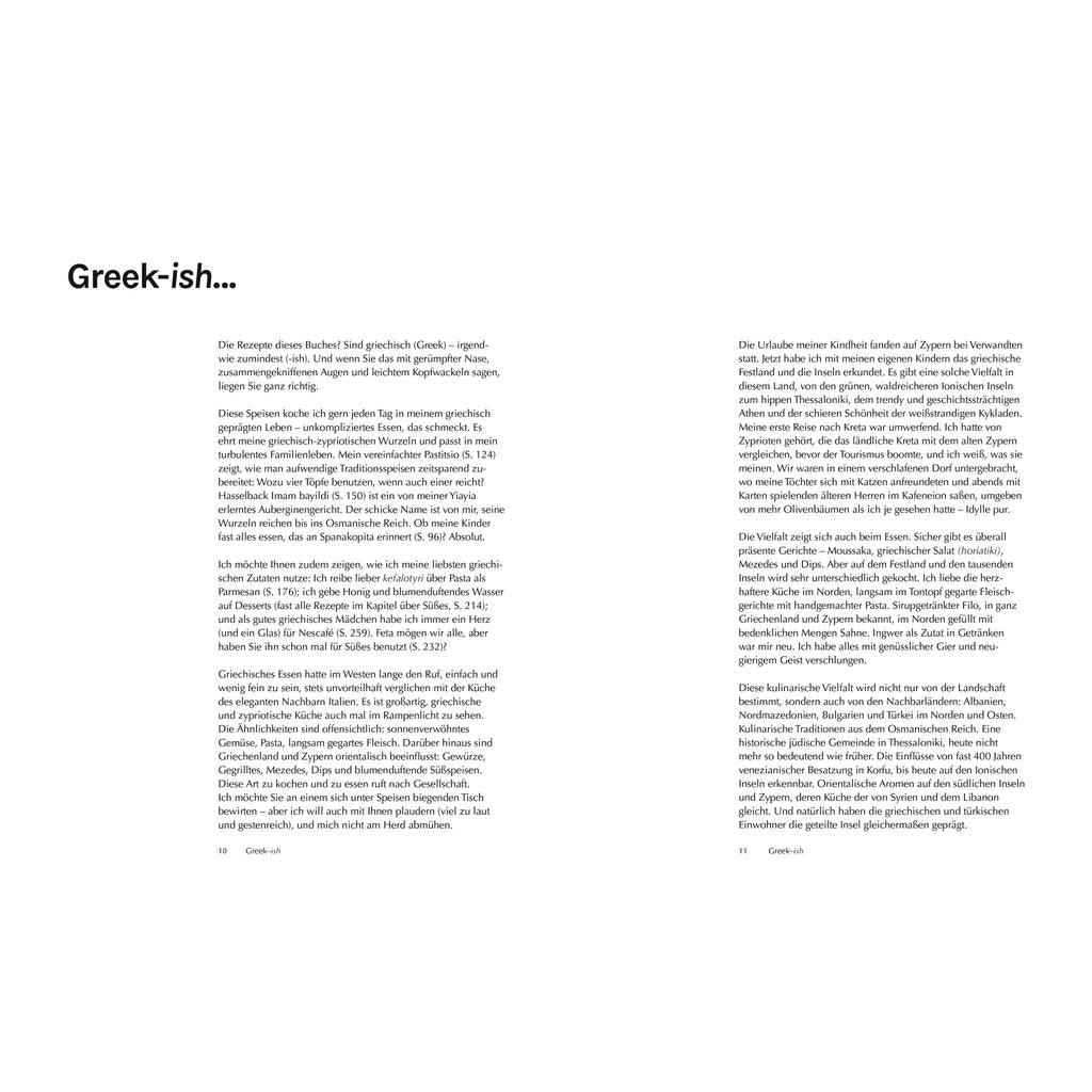Vorwort „Greek-ish…": Doppelseitiger Text mit der Einleitung des Buchs ‚Greekish‘, in dem die Autorin über griechische Küche, Zypern und familiäre Erinnerungen schreibt.