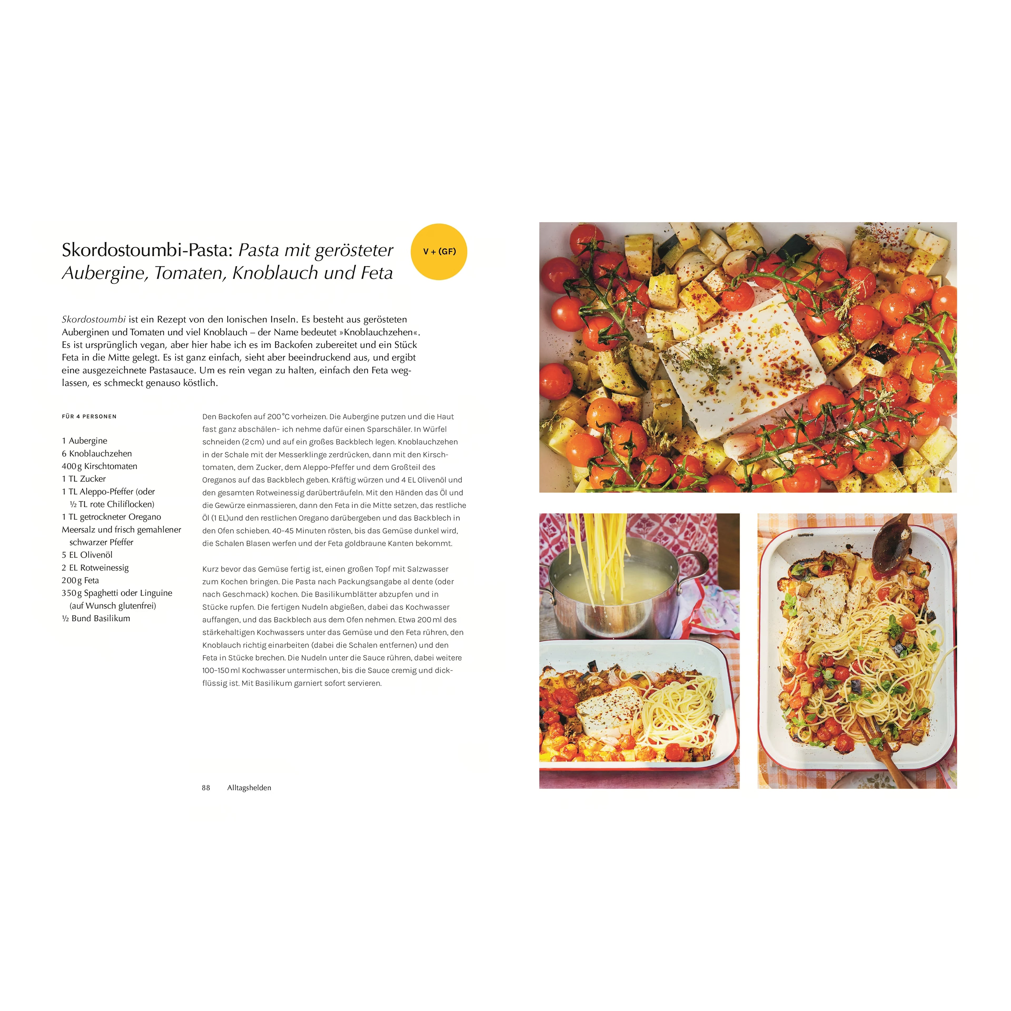 Skordostoumbi-Pasta: Pasta mit im Ofen gerösteten Tomaten, Auberginen, Knoblauch und einem Stück Feta, angerichtet in einer weißen Auflaufform – mediterrane Optik mit frischen Kräutern.