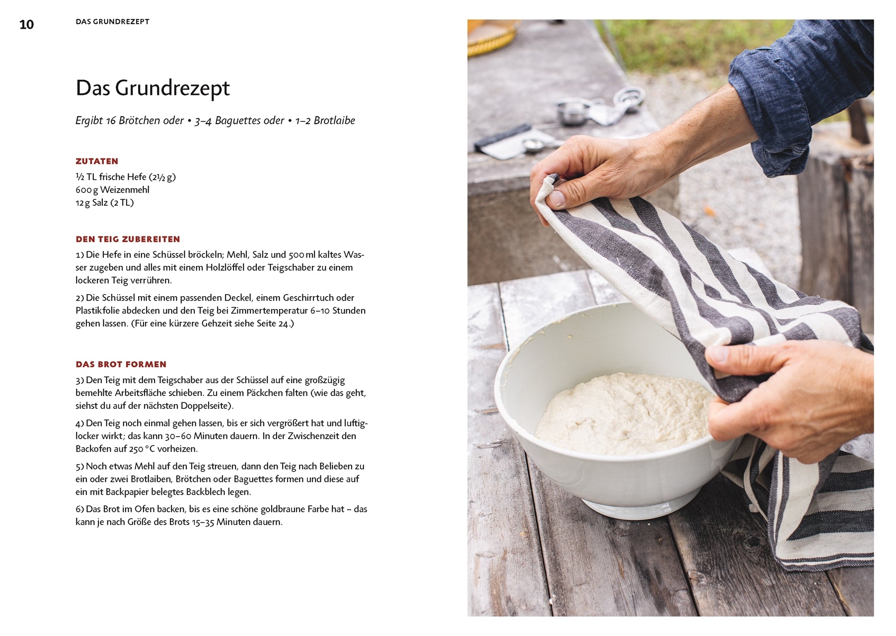 Doppelseite aus dem Buch 1 Methode 100 Brote mit dem Grundrezept für Brot: Zutaten, Anleitung und Foto eines Teigs in einer Schüssel, der unter einem Geschirrtuch ruht.