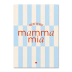 Moderne Geburtstagskarte mit grafischem Streifenmuster in Hellblau und Beige mit Aufschrift ‚You're the best', ‚mamma mia‘ und einem kleinen roten Herzen.