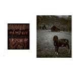 Doppelseite. Linke Seite rohes Fleisch was abgehangen wird und rechte Seite Schwarzweißbild von einer Wiese. Im Vordergrund ein Schaf und im Hintergrund eine Holzhütte.