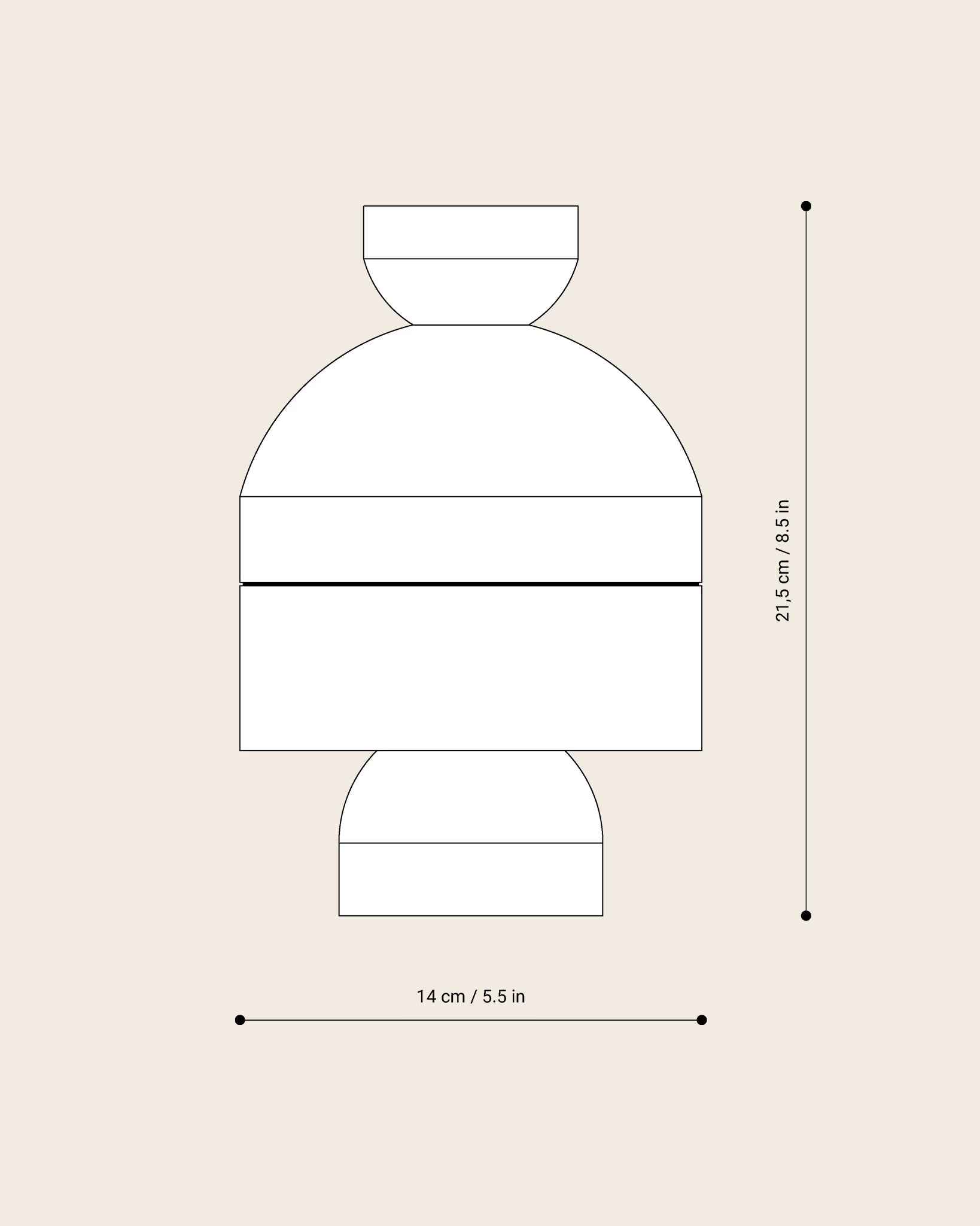 Technische Zeichnung des Designobjekts ANUKI von NIEVEN schematische Darstellung der geometrischen Form mit Maßangaben modernes Holzdesign aus Esche Made in Germany.