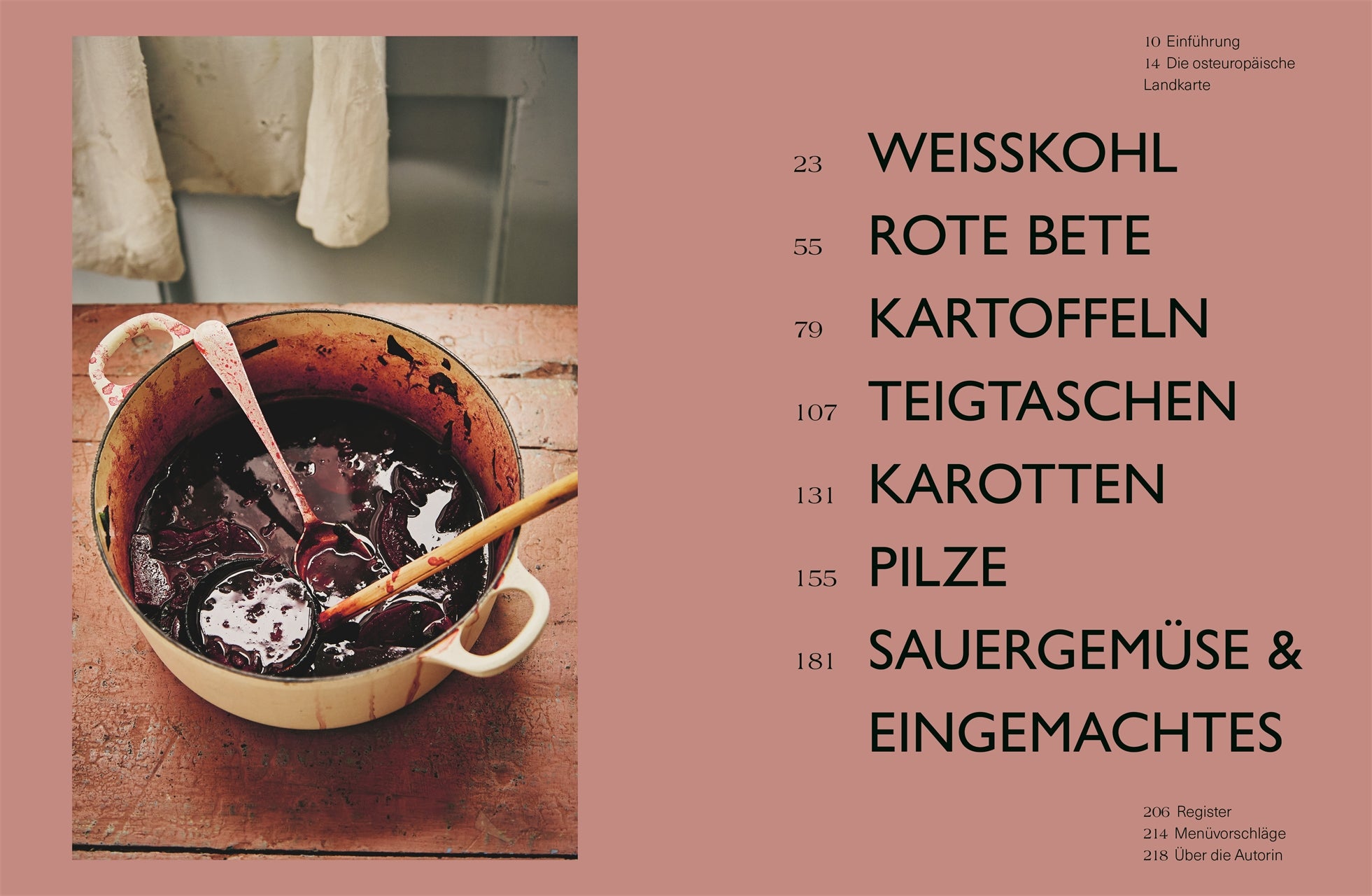 Doppelseite mit einem emaillierten Kochtopf voller Rote-Bete-Suppe links und dem Inhaltsverzeichnis rechts. Auflistung der Kapitel zu Weißkohl, Rote Bete, Kartoffeln, Teigtaschen, Karotten, Pilzen und Sauergemüse.