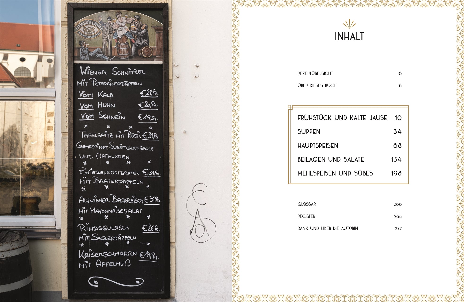 Doppelseite mit einem Foto einer Speisetafel vor einem Wiener Restaurant links und dem Inhaltsverzeichnis rechts. Kapitel: Frühstück und kalte Jause, Suppen, Hauptspeisen, Beilagen und Salate, Mehlspeisen und Süßes.