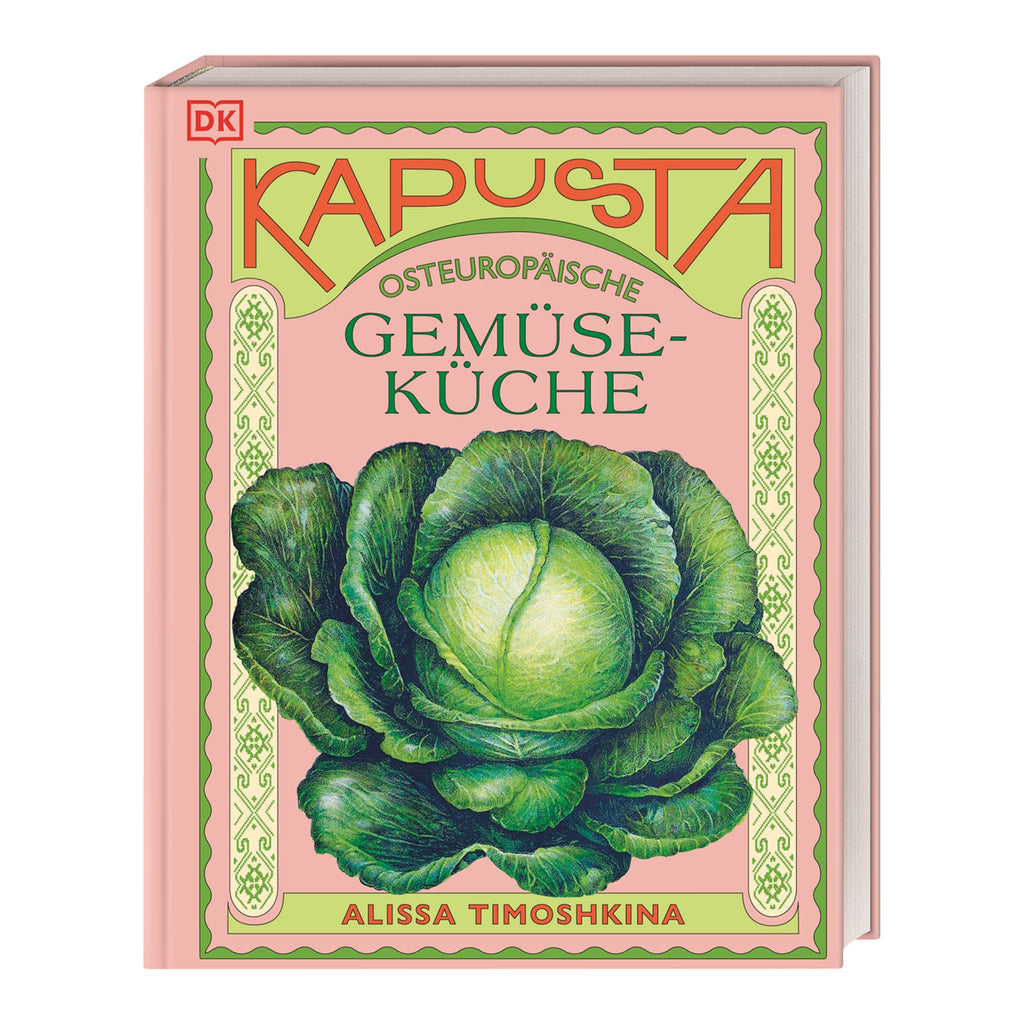 Buchcover „Kapusta – Osteuropäische Gemüseküche“ von Alissa Timoshkina. Illustration eines grünen Weißkohls auf rosa Hintergrund mit grünem Rahmen.