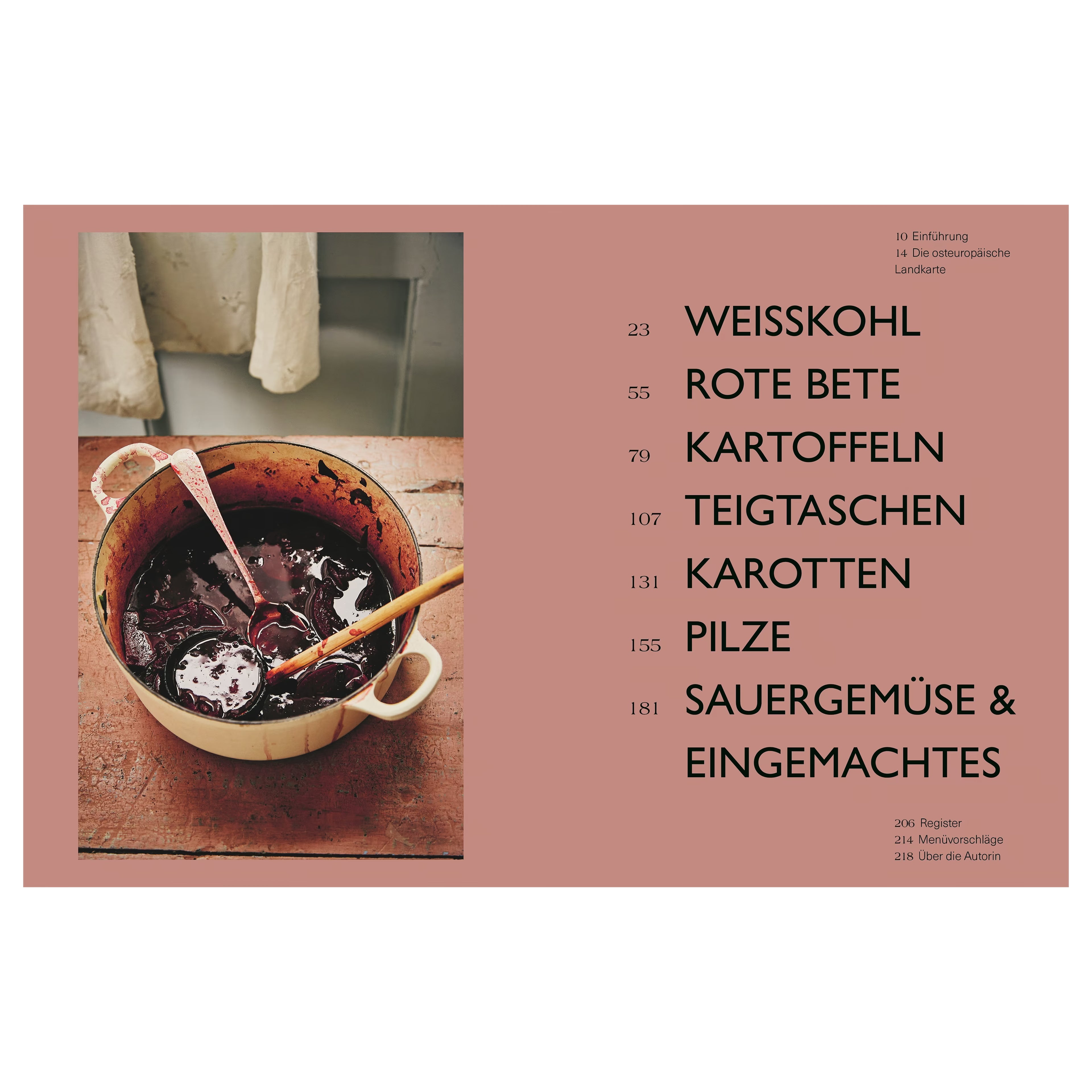 Doppelseite mit einem emaillierten Kochtopf voller Rote-Bete-Suppe links und dem Inhaltsverzeichnis rechts. Auflistung der Kapitel zu Weißkohl, Rote Bete, Kartoffeln, Teigtaschen, Karotten, Pilzen und Sauergemüse.