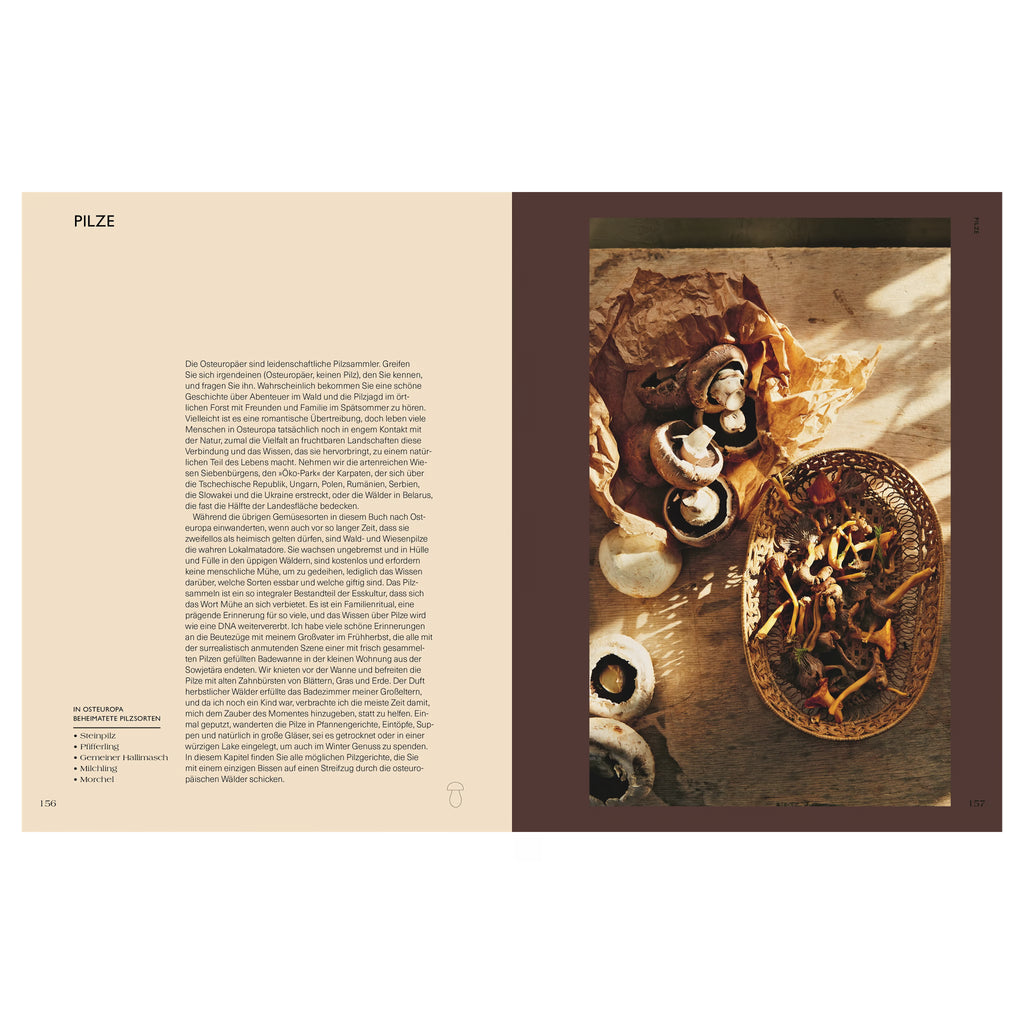 Kapitelbeginn „Pilze“. Links Text über die Bedeutung von Pilzen in Osteuropa, rechts Stillleben mit Champignons und Wildpilzen in Körben bei Sonnenlicht.