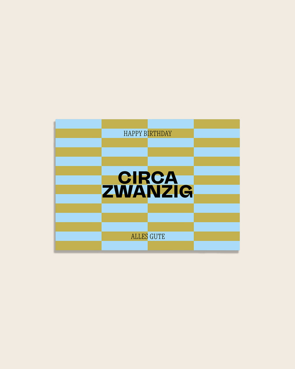 Moderne Geburtstagskarte mit grafischem Streifenmuster in Hellblau und Gold, Aufschrift ‚Happy Birthday‘, ‚Circa Zwanzig‘ und ‚Alles Gute‘ – stilvolle Glückwunschkarte.